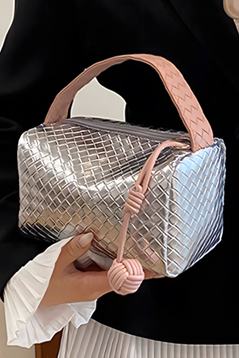 Silvery Lattice Texture Corded Ball Decor Weaven Handle Cosmetic Bag-Bags-[Adult]-[Female]-Silvery-ONE SIZE-2022 Online Blue Zone Planet