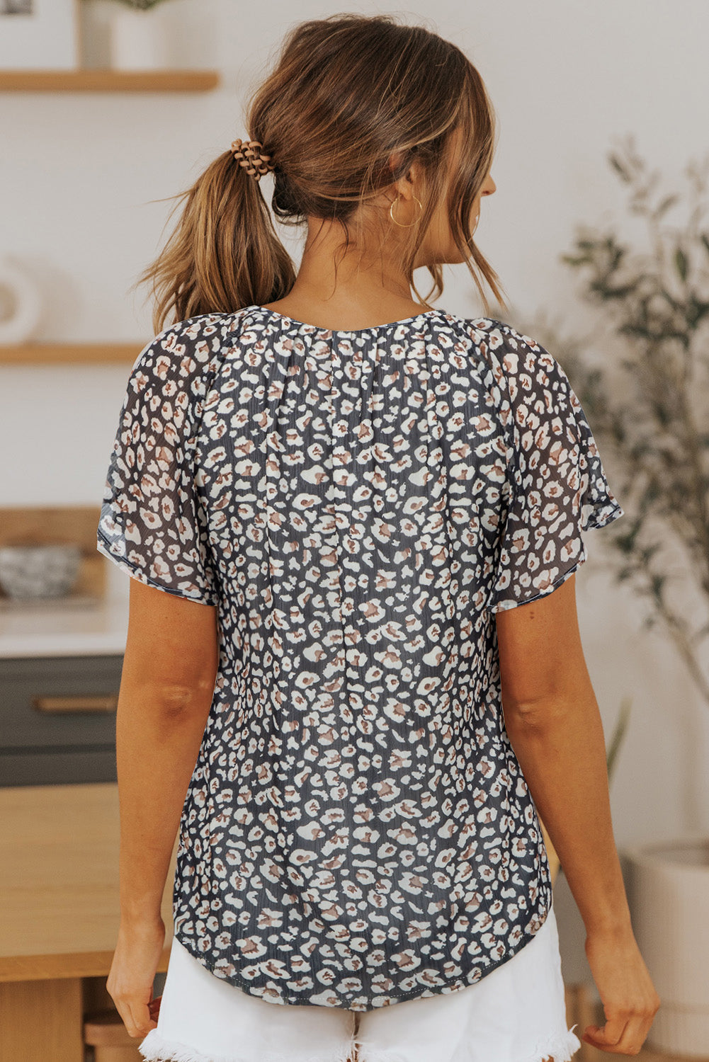 Blue Flutter Sleeve V Neck Floral Summer Blouse-Tops/Blouses & Shirts-[Adult]-[Female]-2022 Online Blue Zone Planet
