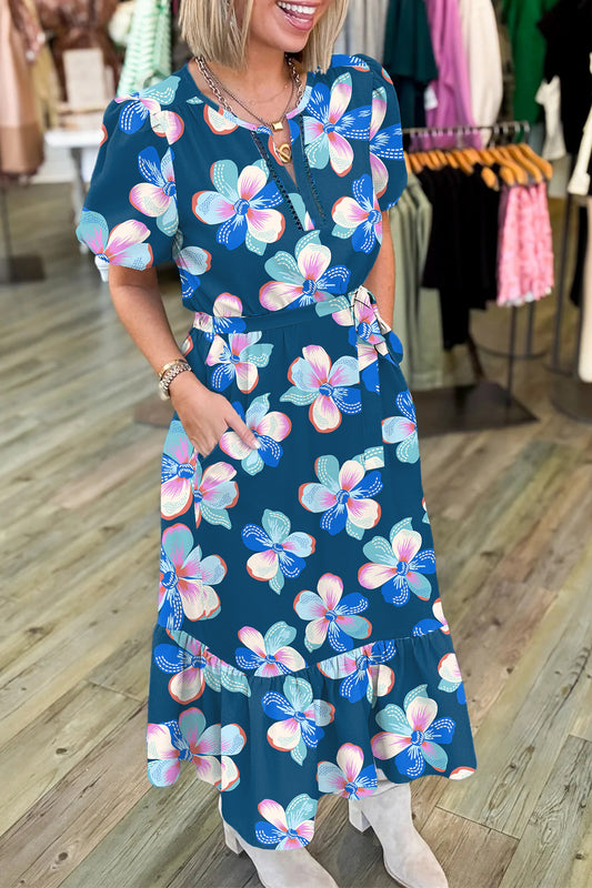 Blue Floral Print Short Puff Sleeve Ruffle Hem Belted Long Dress-Dresses/Floral Dresses-[Adult]-[Female]-Blue-S-2022 Online Blue Zone Planet