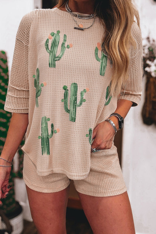Light French Beige Cactus Forest Waffle Half Sleeve Tee Short Set-Two Piece Sets/Short Sets-[Adult]-[Female]-Light French Beige-S-2022 Online Blue Zone Planet