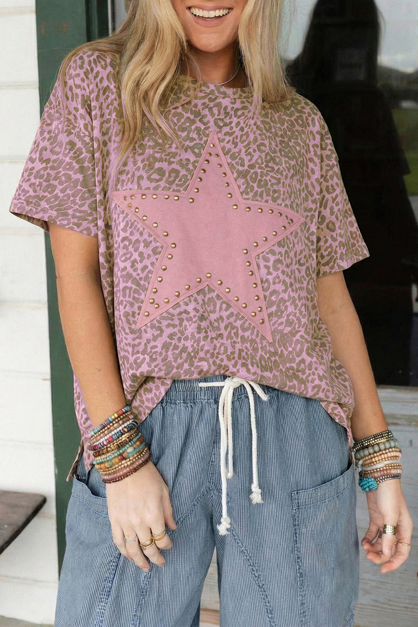 Khaki Leopard Retro Studded Star Patch Loose Tee-Tops/Tops & Tees-[Adult]-[Female]-Pink-S-2022 Online Blue Zone Planet