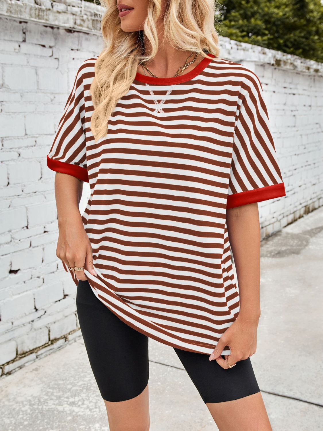 Lovelet Striped Round Neck Half Sleeve T-Shirt-TOPS / DRESSES-[Adult]-[Female]-Rust-S-2022 Online Blue Zone Planet