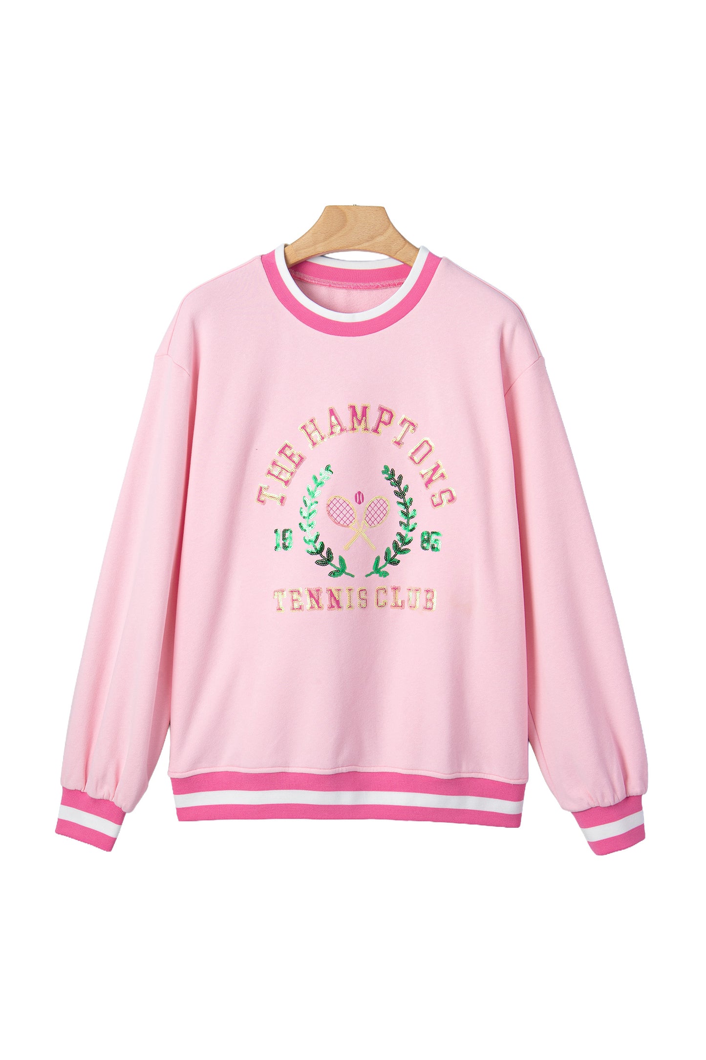 Pink Embroidered Tennis Club Crew Neck Pullover Sweatshirt