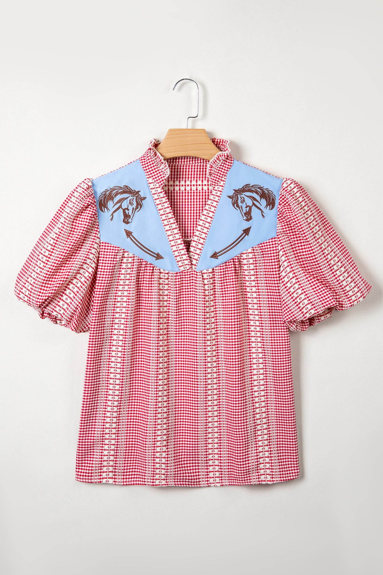 Brown Western Pony Embroidered Yoke Puff Sleeve Gingham Blouse-Tops/Blouses & Shirts-[Adult]-[Female]-2022 Online Blue Zone Planet