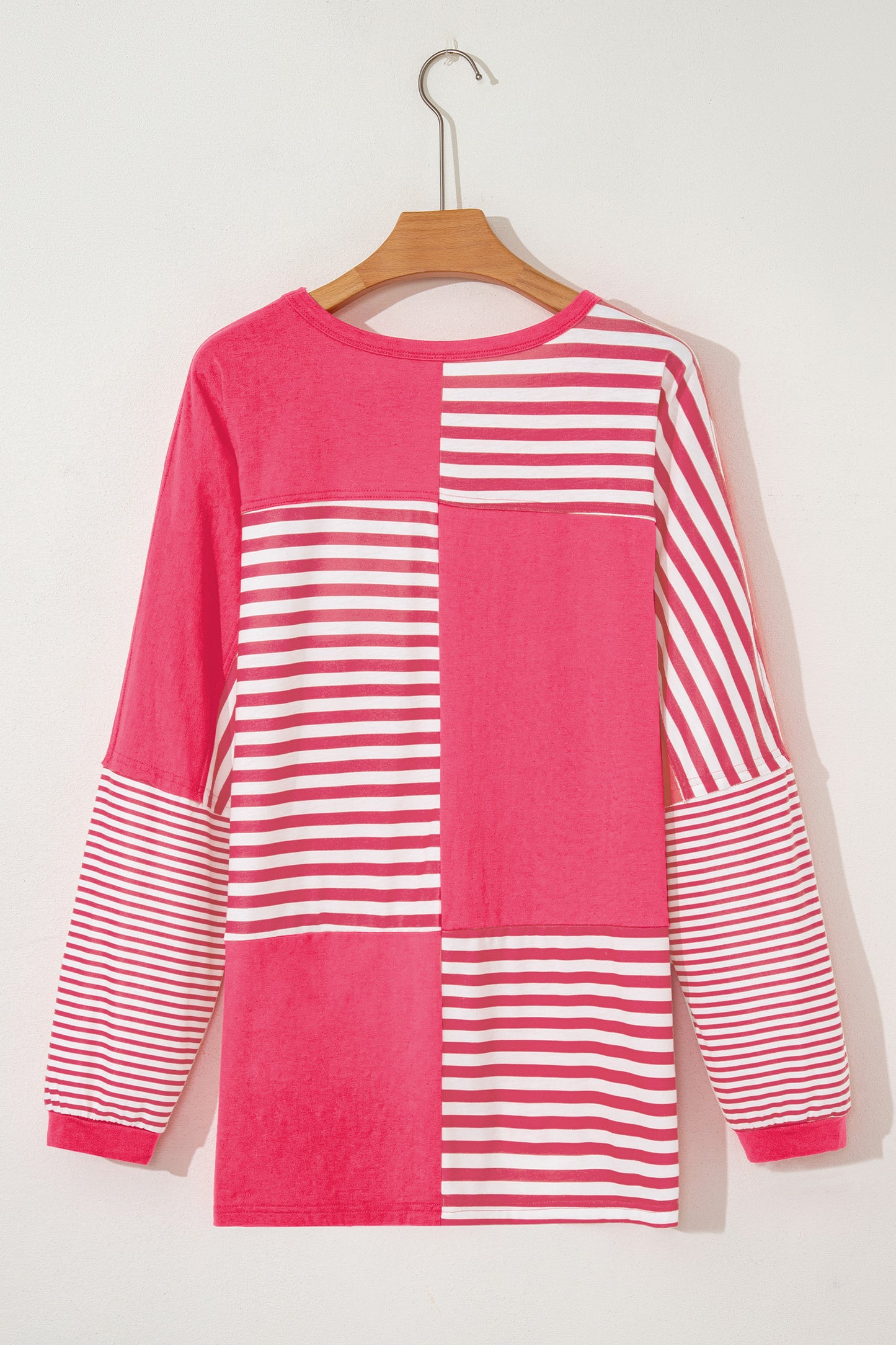 Pink Stripe Color Block Patchwork Drop Shoulder Long Sleeve Tunic Top-Tops/Long Sleeve Tops-[Adult]-[Female]-2022 Online Blue Zone Planet