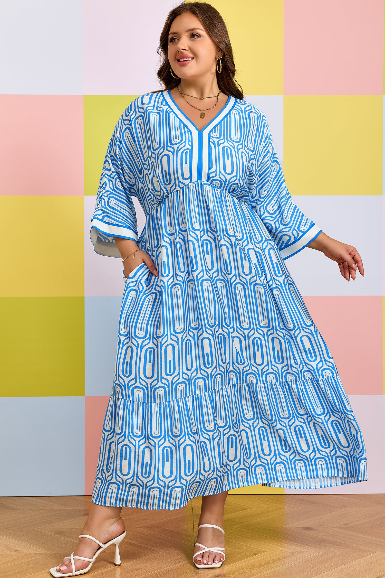Sky Blue Plus Size Geometric Print Contrast Trim V Neck Bracelet Sleeve Long Dress-Bracelet-[Adult]-[Female]-2022 Online Blue Zone Planet