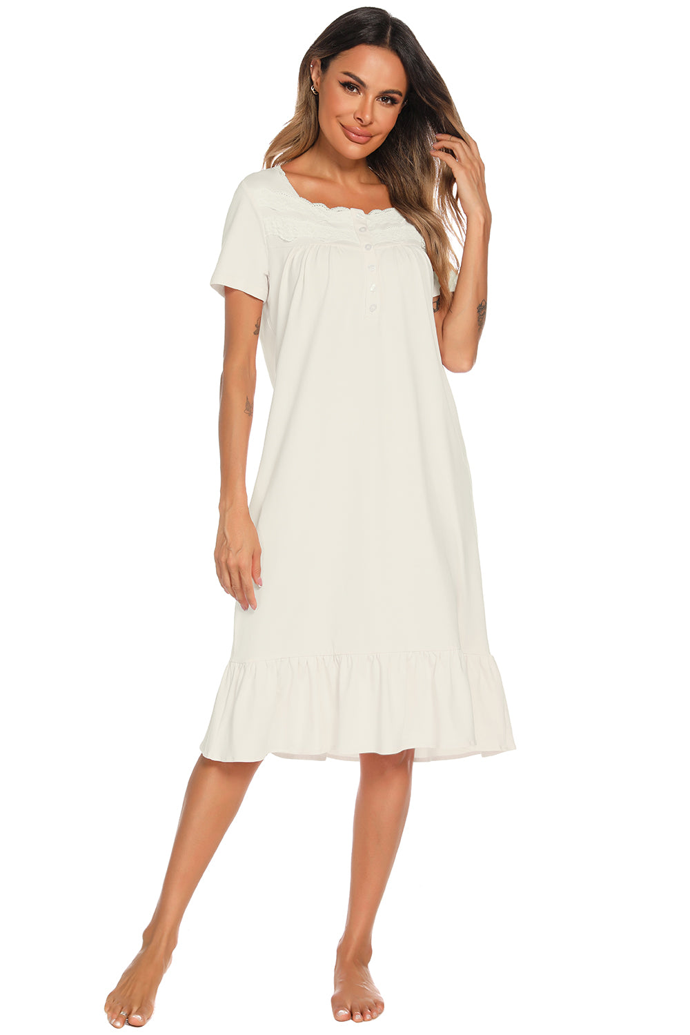 Blue Zone Planet | Lace Detail Square Neck Lounge Dress-TOPS / DRESSES-[Adult]-[Female]-2022 Online Blue Zone Planet