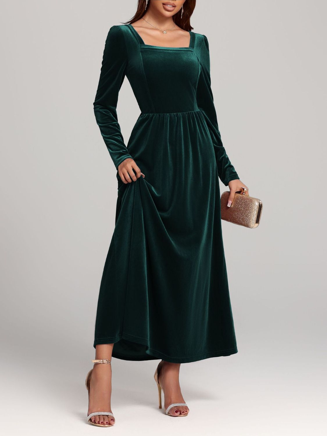 Blue Zone Planet | Velvet Square Neck Long Sleeve Dress-TOPS / DRESSES-[Adult]-[Female]-Dark Green-S-2022 Online Blue Zone Planet