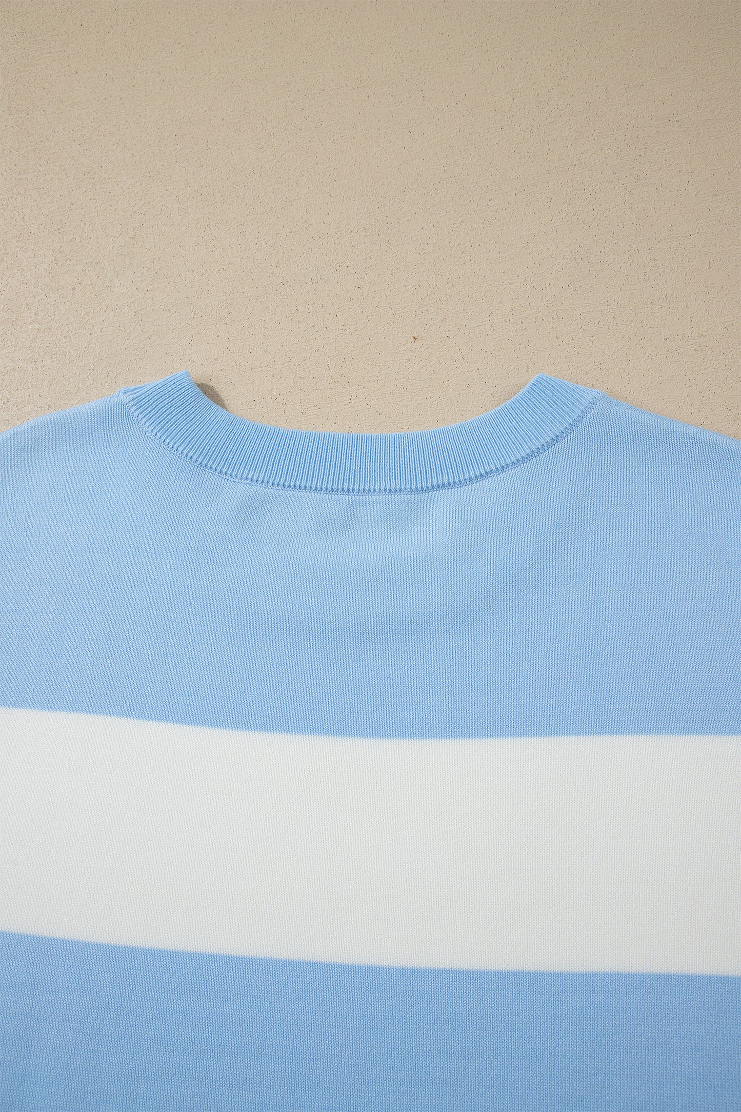 Sky Blue Stripe Colorblock Plus Size Short Sleeve Sweater-Plus Size/Plus Size Sweaters & Cardigans-[Adult]-[Female]-2022 Online Blue Zone Planet