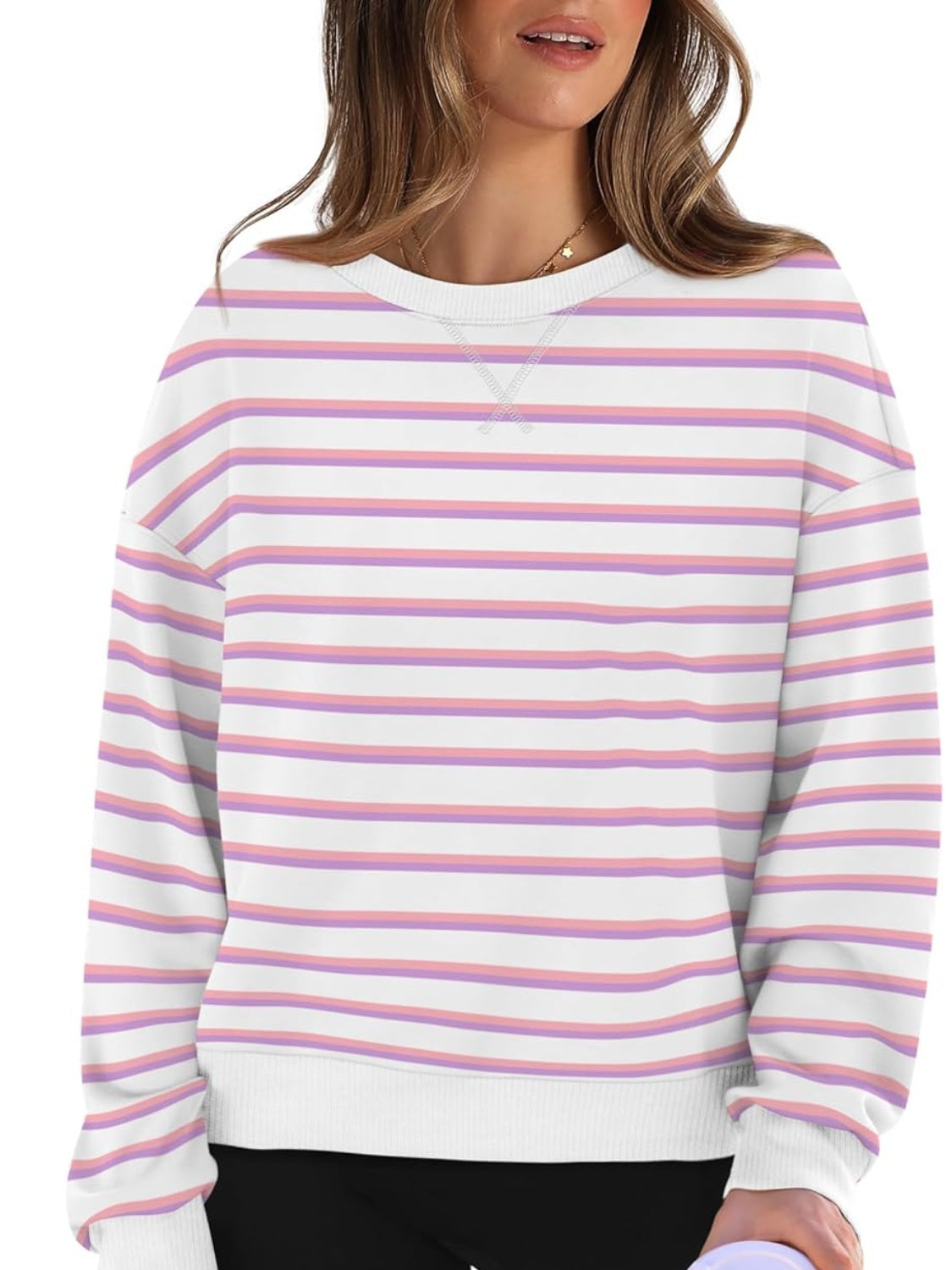 Lovelet Striped Round Neck Long Sleeve Sweatshirt-TOPS / DRESSES-[Adult]-[Female]-2022 Online Blue Zone Planet