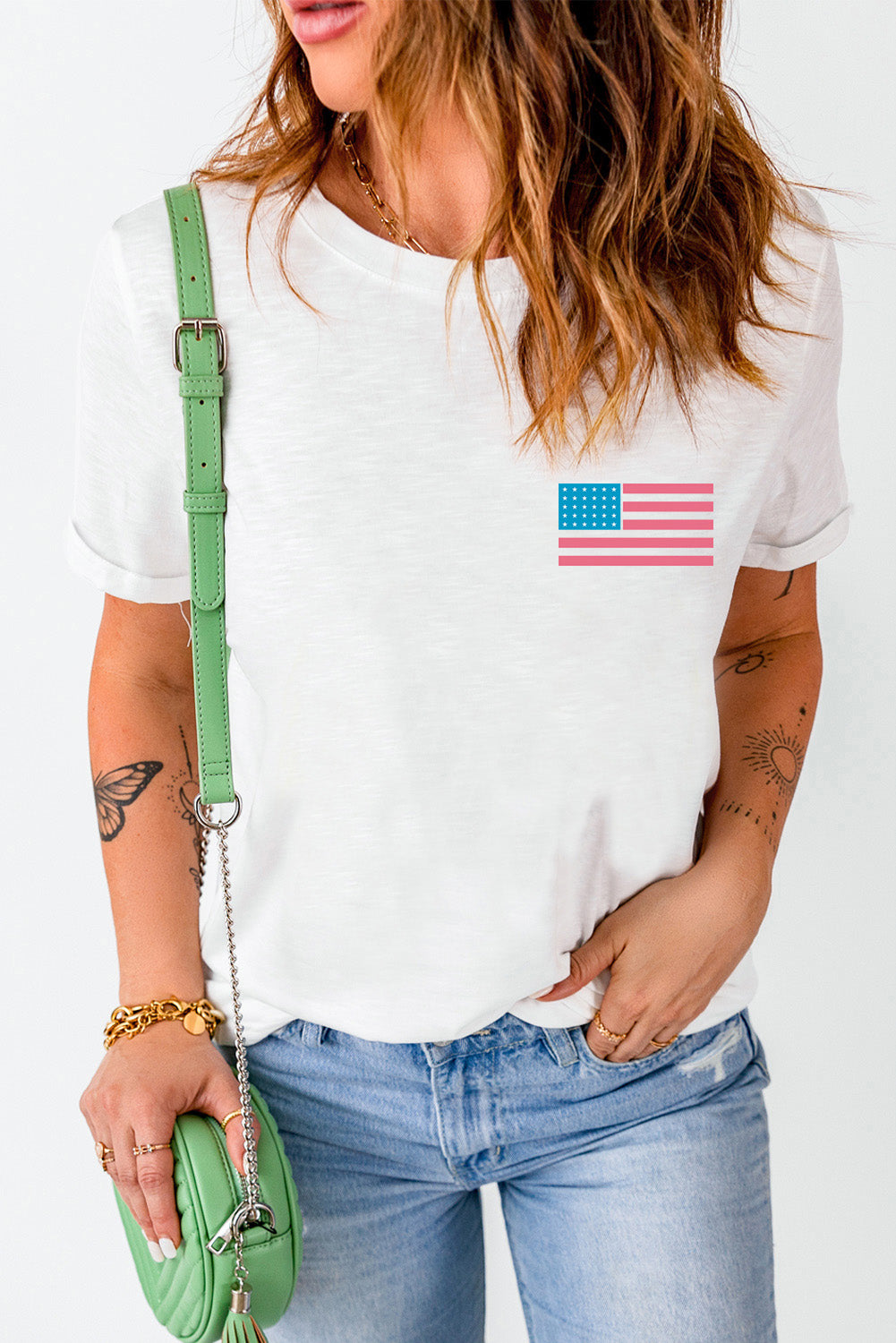 US Flag Round Neck Short Sleeve T-Shirt-TOPS / DRESSES-[Adult]-[Female]-2022 Online Blue Zone Planet
