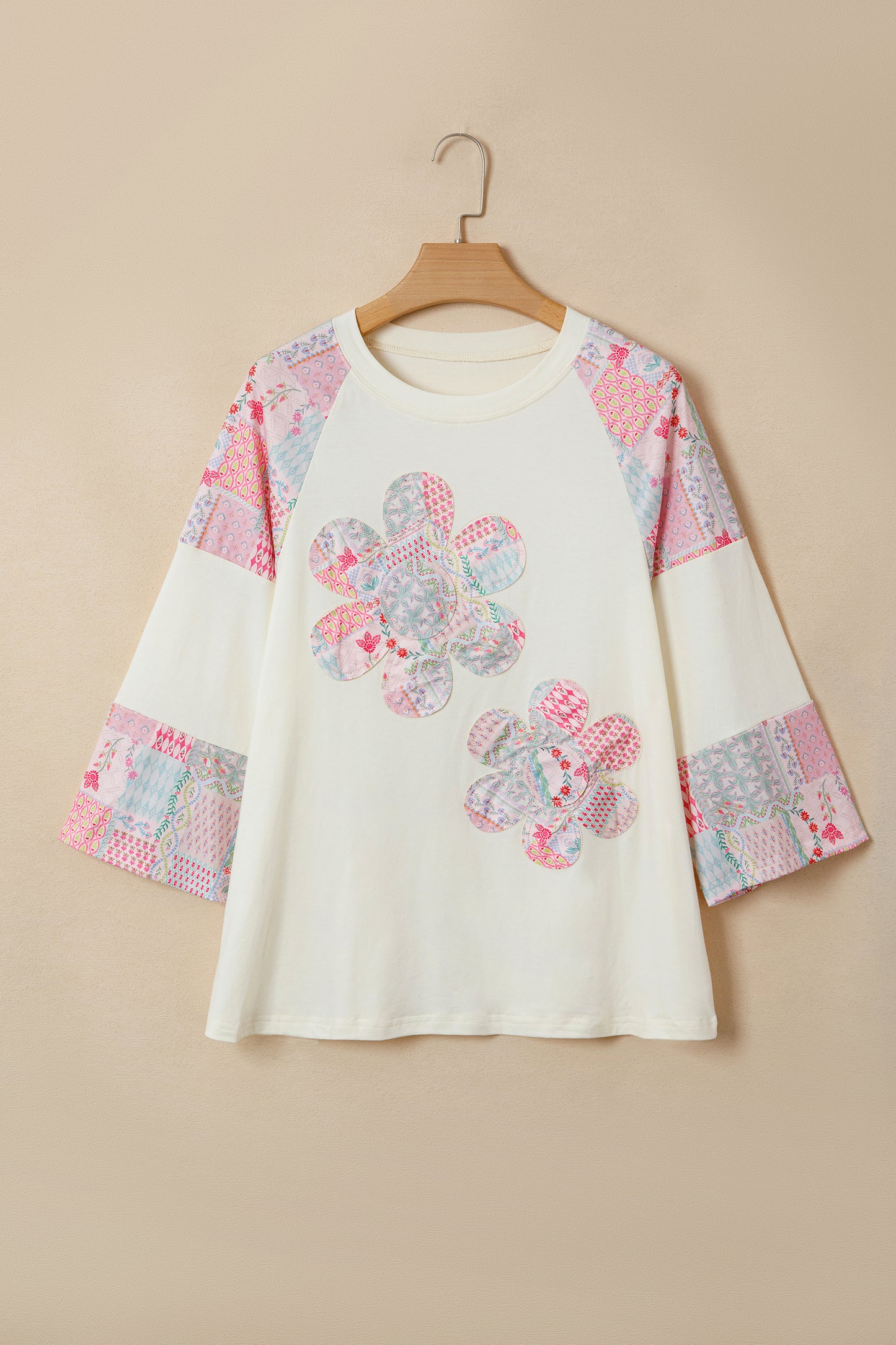 Beige Color Block Retro Floral Patchwork Long Sleeve Top-Tops/Long Sleeve Tops-[Adult]-[Female]-2022 Online Blue Zone Planet
