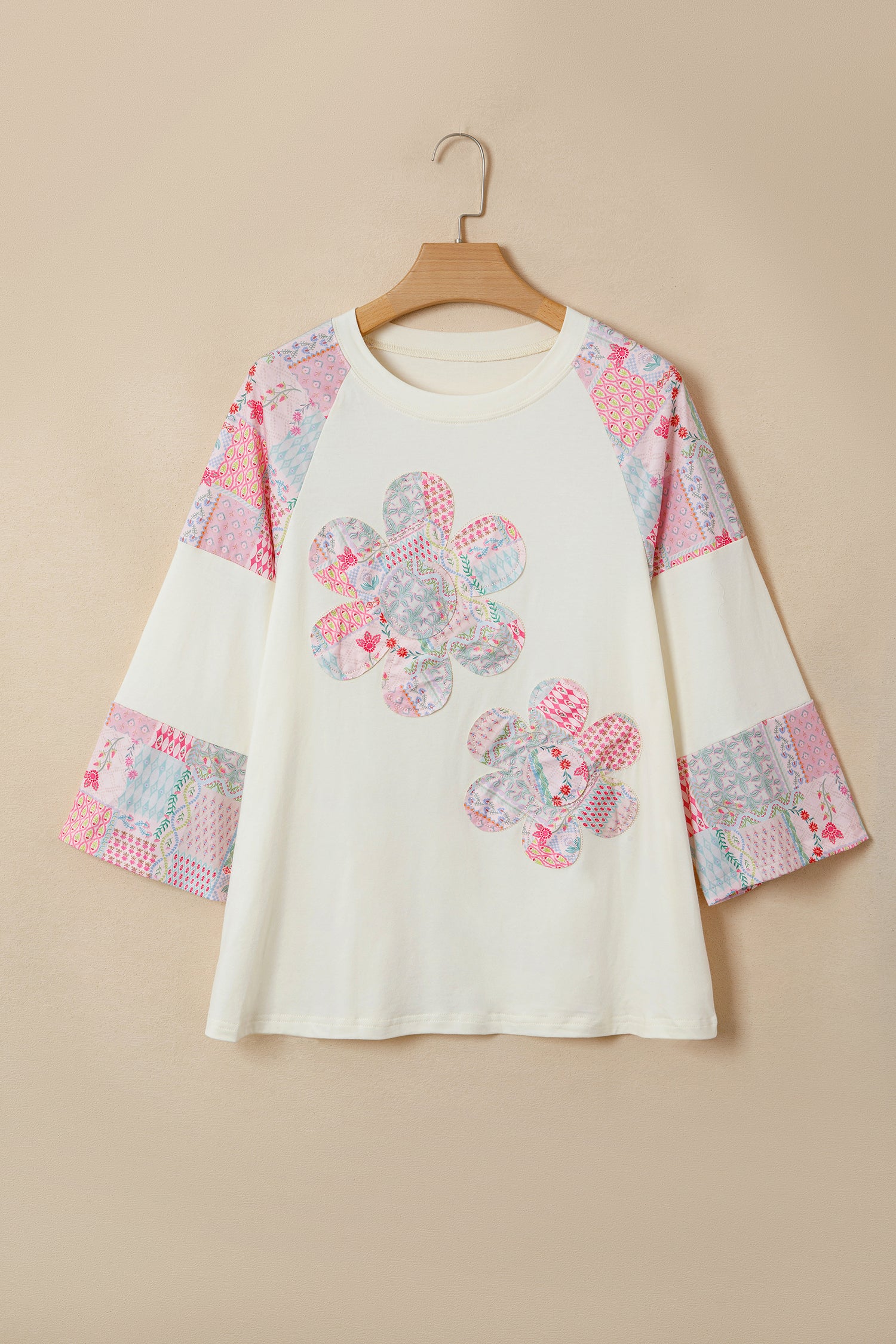Beige Color Block Retro Floral Patchwork Long Sleeve Top-Tops/Long Sleeve Tops-[Adult]-[Female]-2022 Online Blue Zone Planet