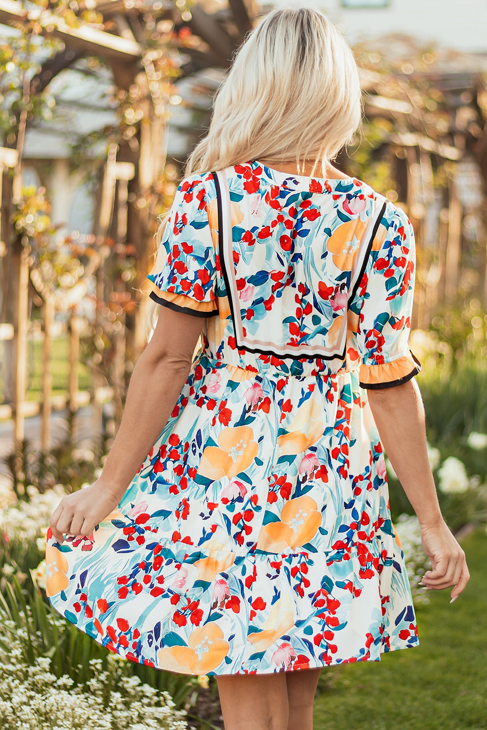 Green Floral Print Zipper Ruffled Short Sleeve High Waist Mini Dress-TOPS / DRESSES-[Adult]-[Female]-2022 Online Blue Zone Planet