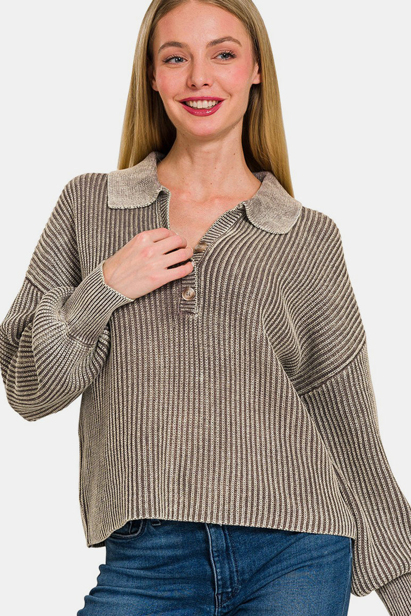 Zenana Washed Half Button Long Sleeve Sweater-TOPS / DRESSES-[Adult]-[Female]-Mocha-S-2022 Online Blue Zone Planet