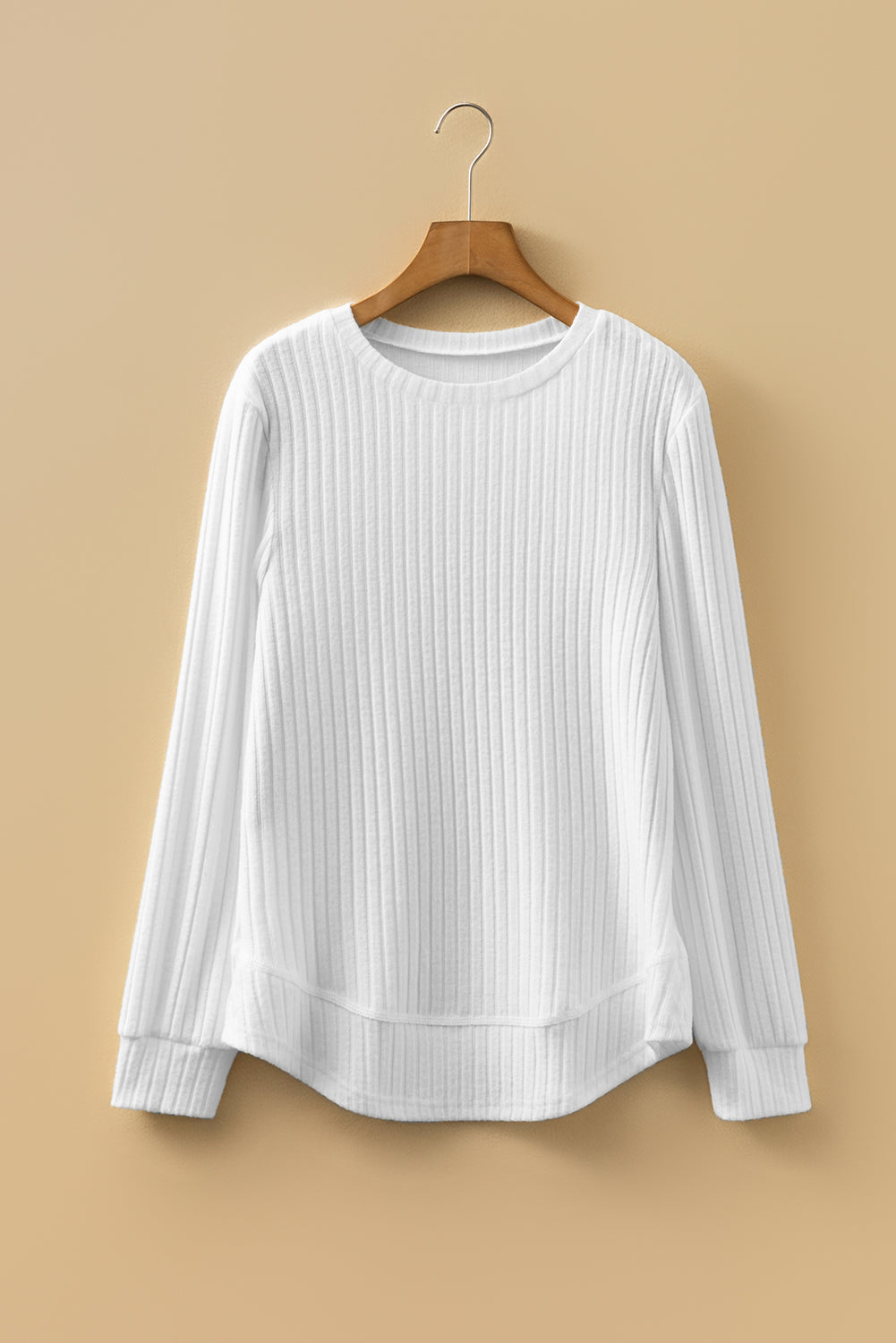 White Ribbed Texture Round Neck Long Sleeve Rounded Hem Knit Top-Tops/Long Sleeve Tops-[Adult]-[Female]-2022 Online Blue Zone Planet