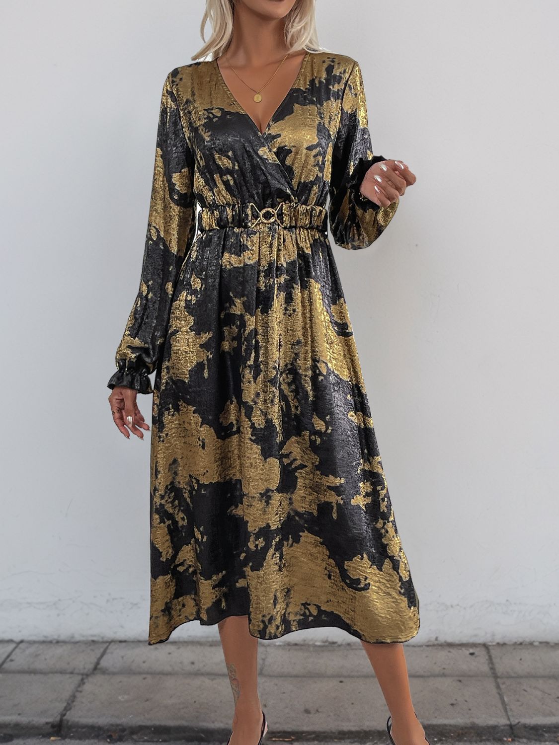 Perfee Printed Surplice Long Sleeve Midi Dress-TOPS / DRESSES-[Adult]-[Female]-Black-S-2022 Online Blue Zone Planet