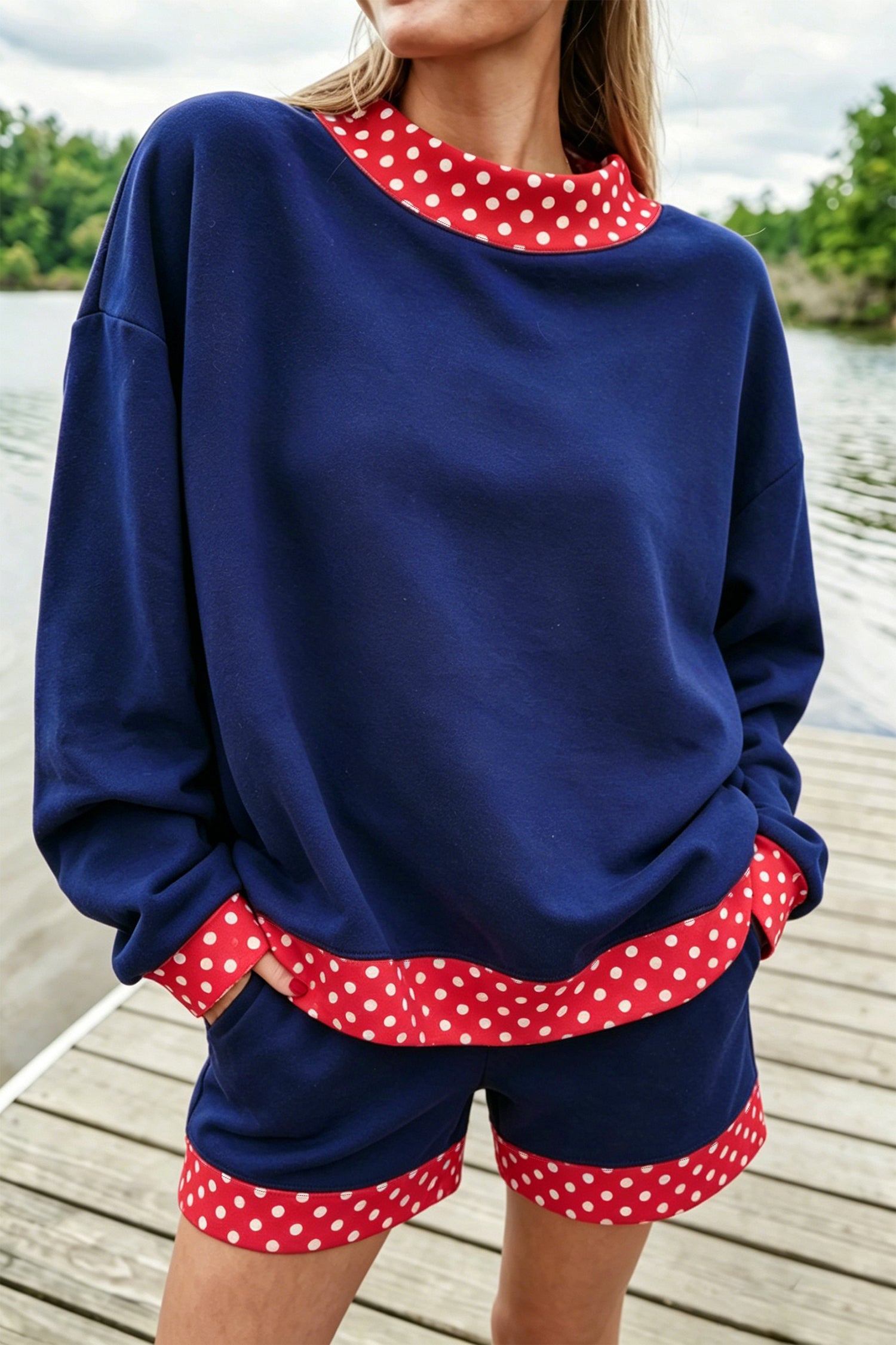Fiery Red Gingham Trim Baggy Pullover 2pcs Short Set-Two Piece Sets/Short Sets-[Adult]-[Female]-2022 Online Blue Zone Planet