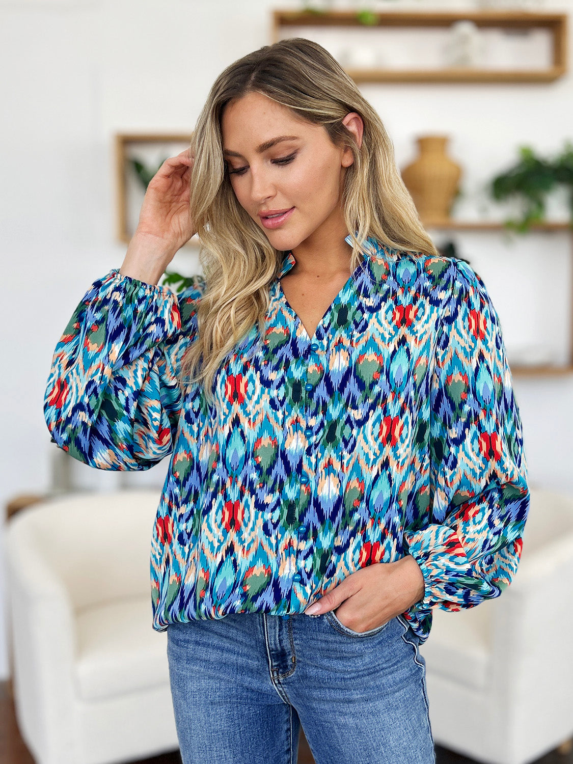 Blue Zone Planet | Double Take Full Size Printed Balloon Sleeve Blouse-TOPS / DRESSES-[Adult]-[Female]-2022 Online Blue Zone Planet