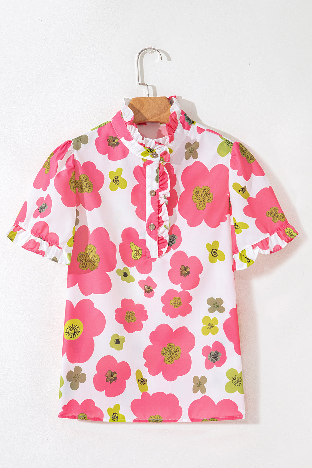 Pink Floral Ruffle Short Sleeve Striped Buttoned Collar Blouse-Tops/Blouses & Shirts-[Adult]-[Female]-2022 Online Blue Zone Planet