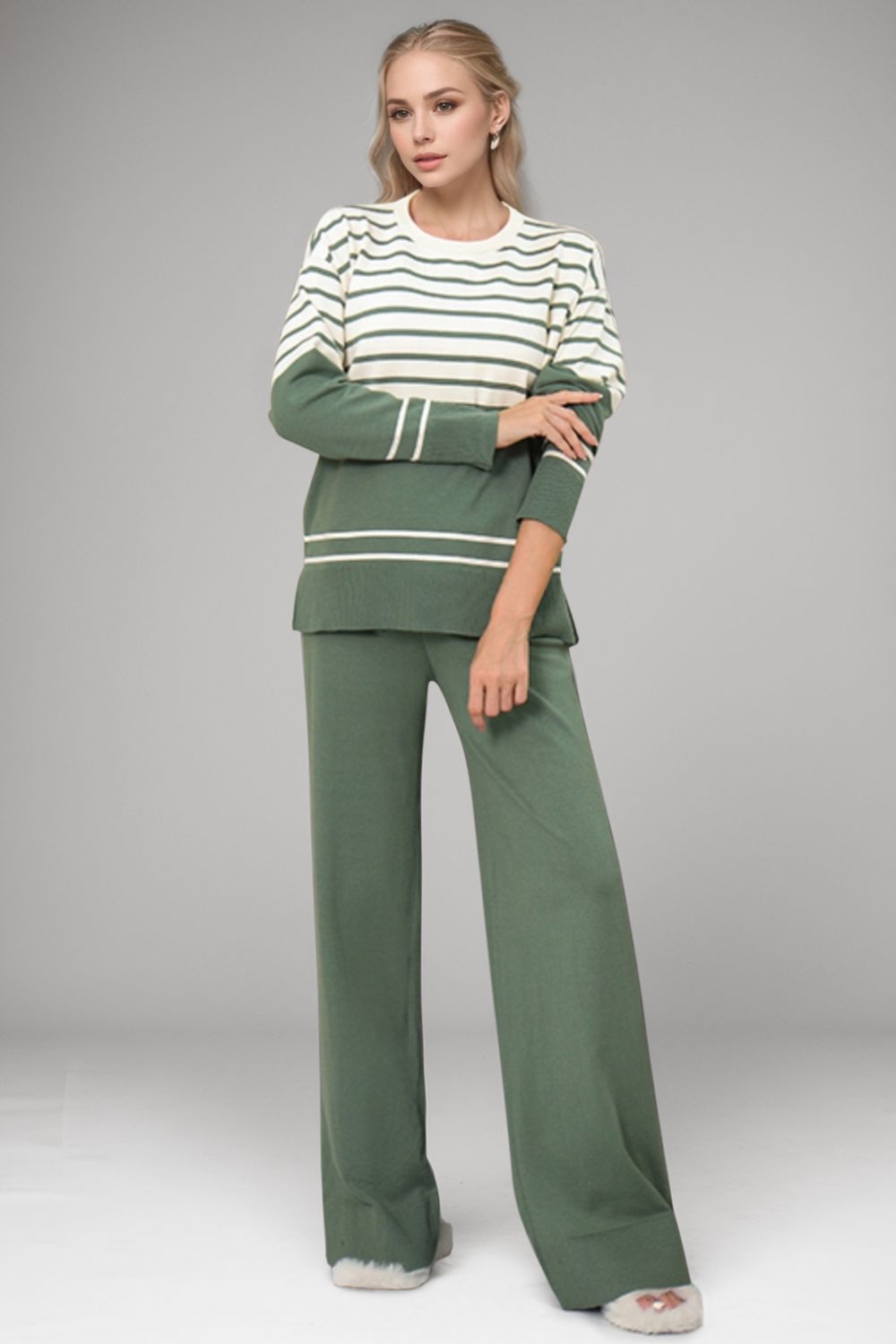 Basic Bae Striped Round Neck Long Sleeve Top and Pants Sweater Set-TOPS / DRESSES-[Adult]-[Female]-Dark Green-One Size-2022 Online Blue Zone Planet