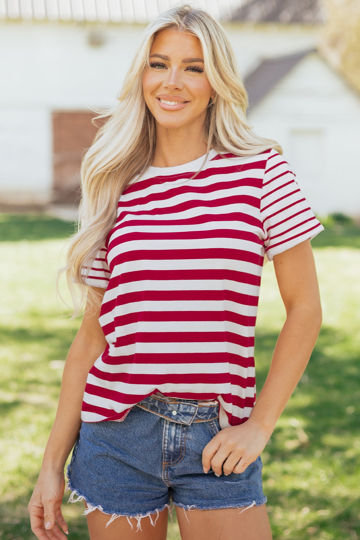 Red Stripe Patchwork Round Neck T Shirt-Tops/Tops & Tees-[Adult]-[Female]-2022 Online Blue Zone Planet
