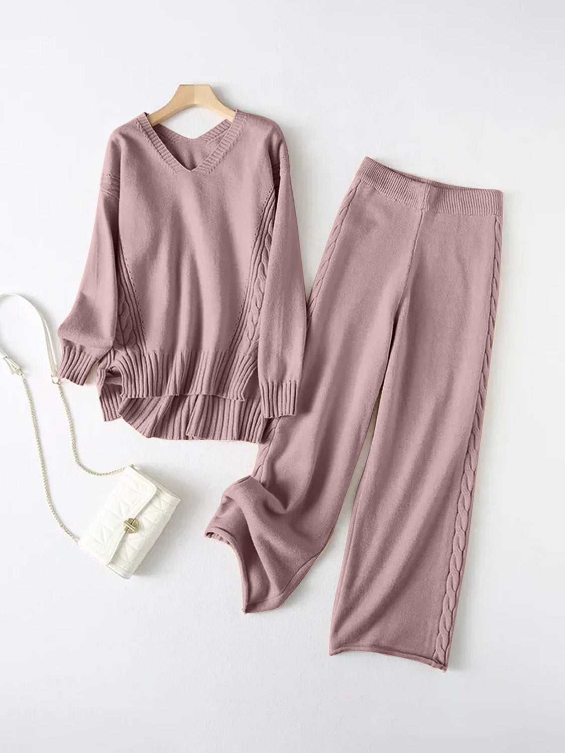 Slit V-Neck Long Sleeve Top and Pants Sweater Set-TOPS / DRESSES-[Adult]-[Female]-Lilac-One Size-2022 Online Blue Zone Planet