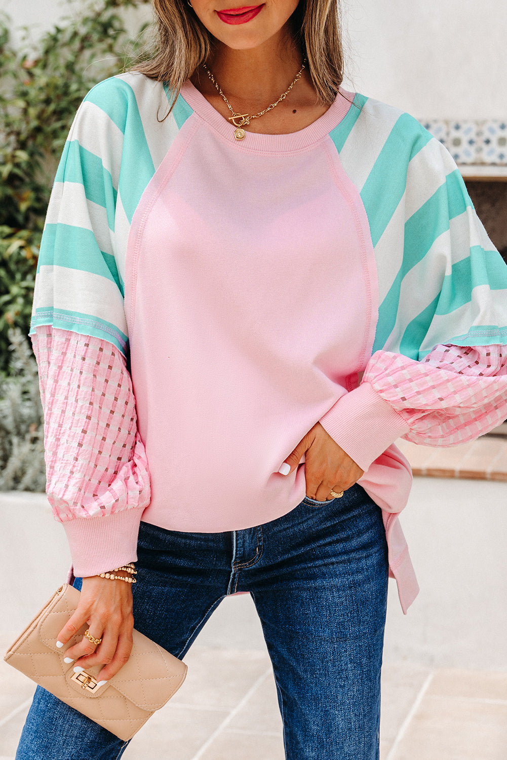 Bonbon Striped Colorblock Patchwork Raglan Pullover Top with Slits-Tops/Long Sleeve Tops-[Adult]-[Female]-2022 Online Blue Zone Planet