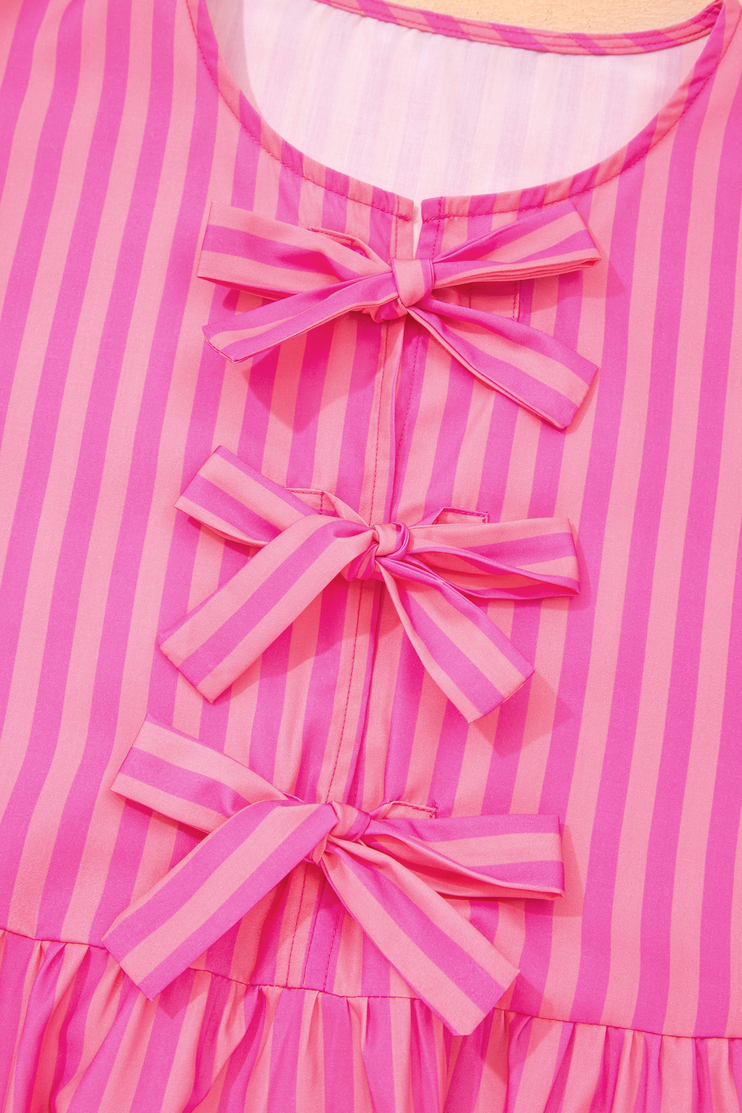 Rose Striped Print Bow Detail Short Puff Sleeve Mini Dress-TOPS / DRESSES-[Adult]-[Female]-2022 Online Blue Zone Planet
