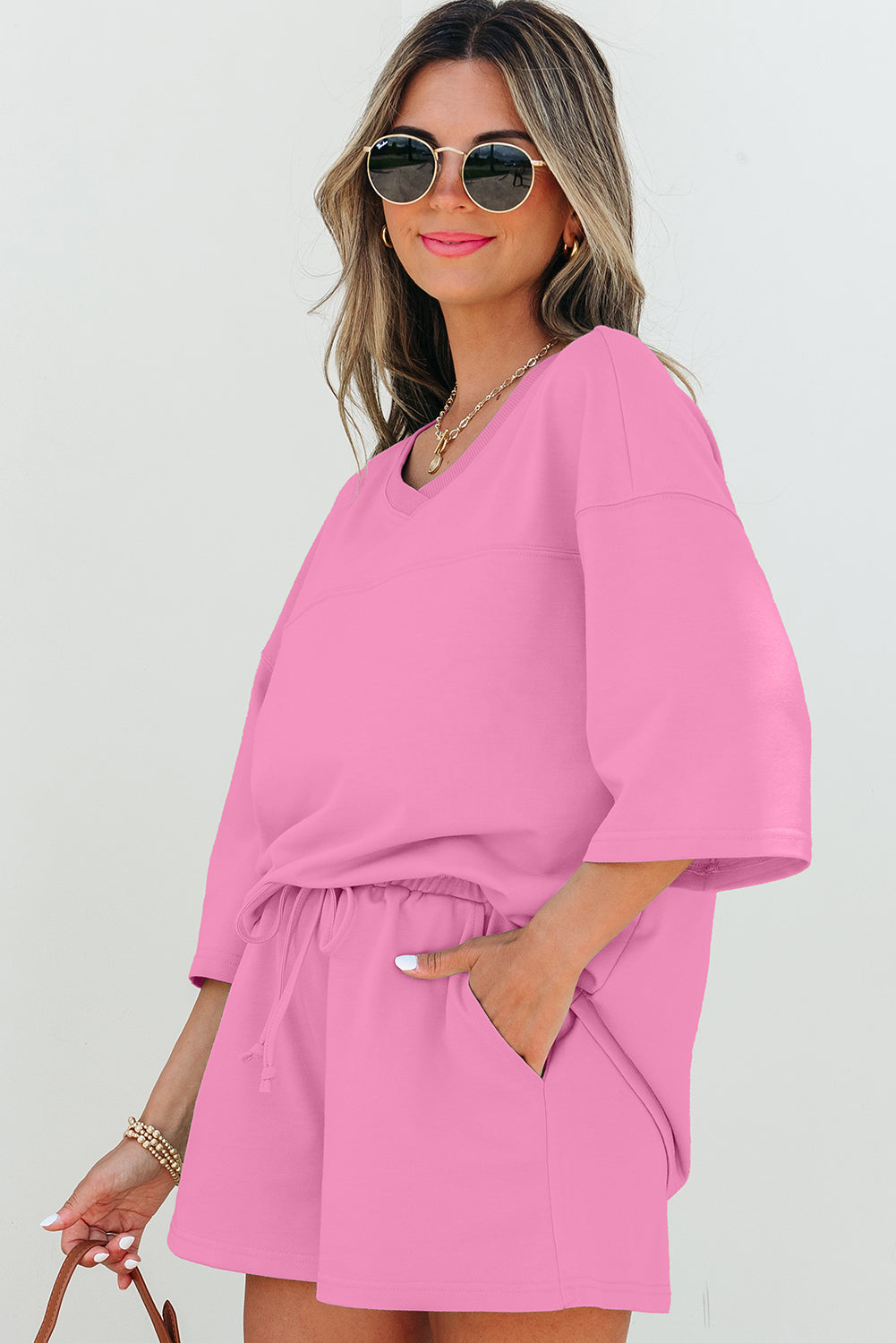 Bonbon Solid Loose V Neck Half Sleeve Tee and Shorts-Two Piece Sets/Short Sets-[Adult]-[Female]-2022 Online Blue Zone Planet
