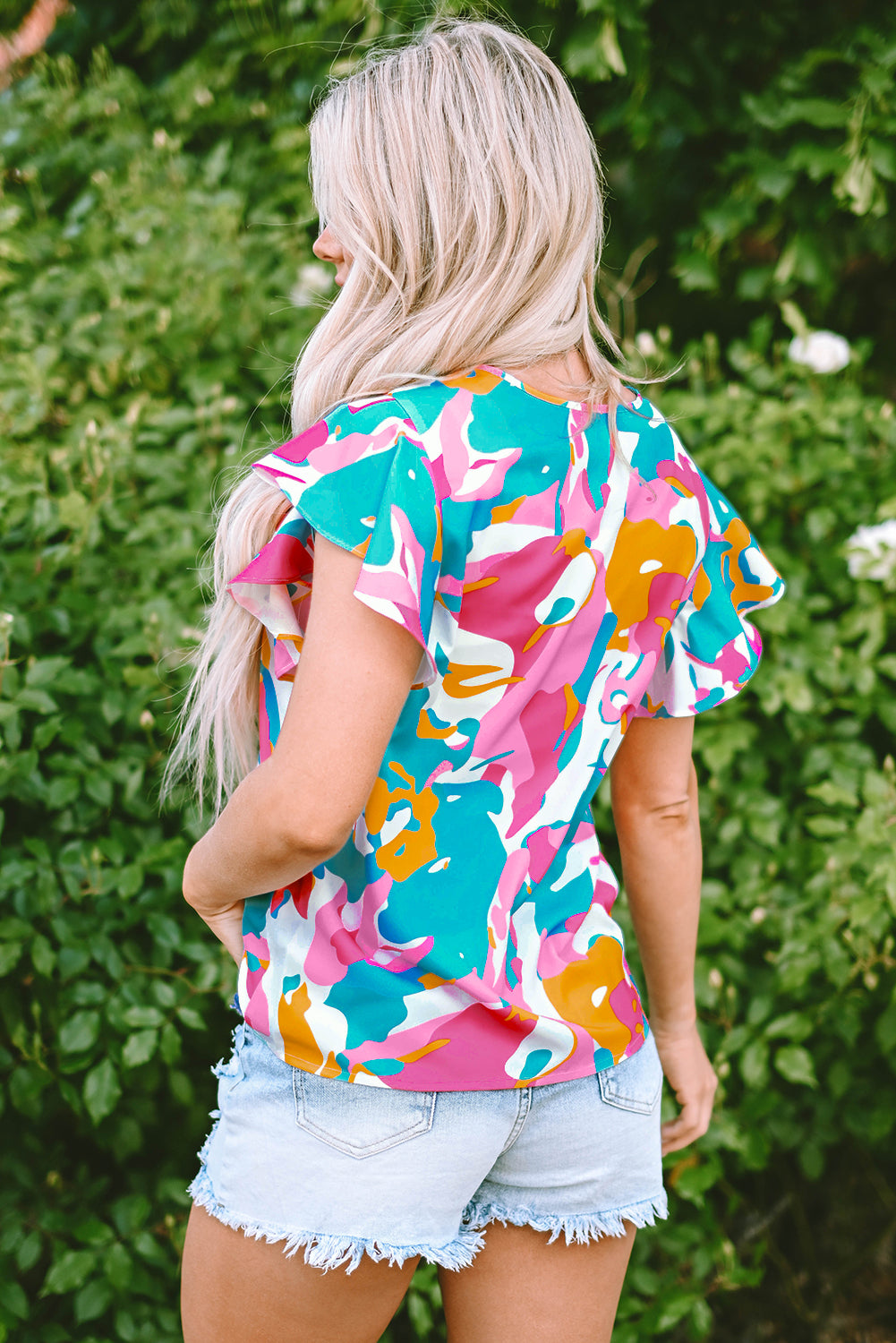 Multicolour Abstract Print Notched Neck Flutter Sleeve Blouse-Tops/Blouses & Shirts-[Adult]-[Female]-2022 Online Blue Zone Planet