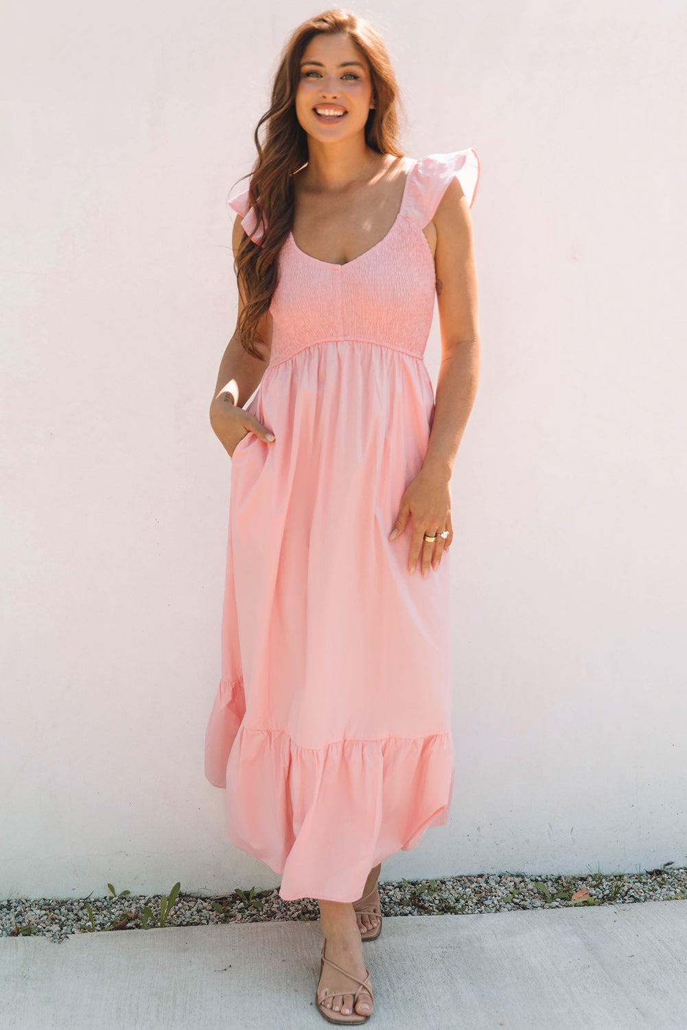 Pink V Neck Flutter Sleeve Smocked Bodice High Waist Ruffle Maxi Dress-Dresses/Maxi Dresses-[Adult]-[Female]-2022 Online Blue Zone Planet