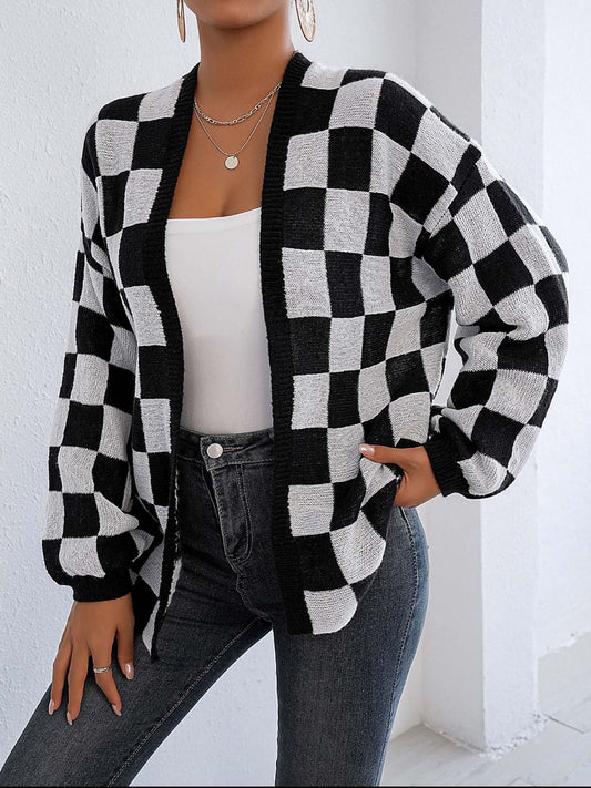 Checkered Open Front Long Sleeve Cardigan-TOPS / DRESSES-[Adult]-[Female]-Black/White-S-2022 Online Blue Zone Planet