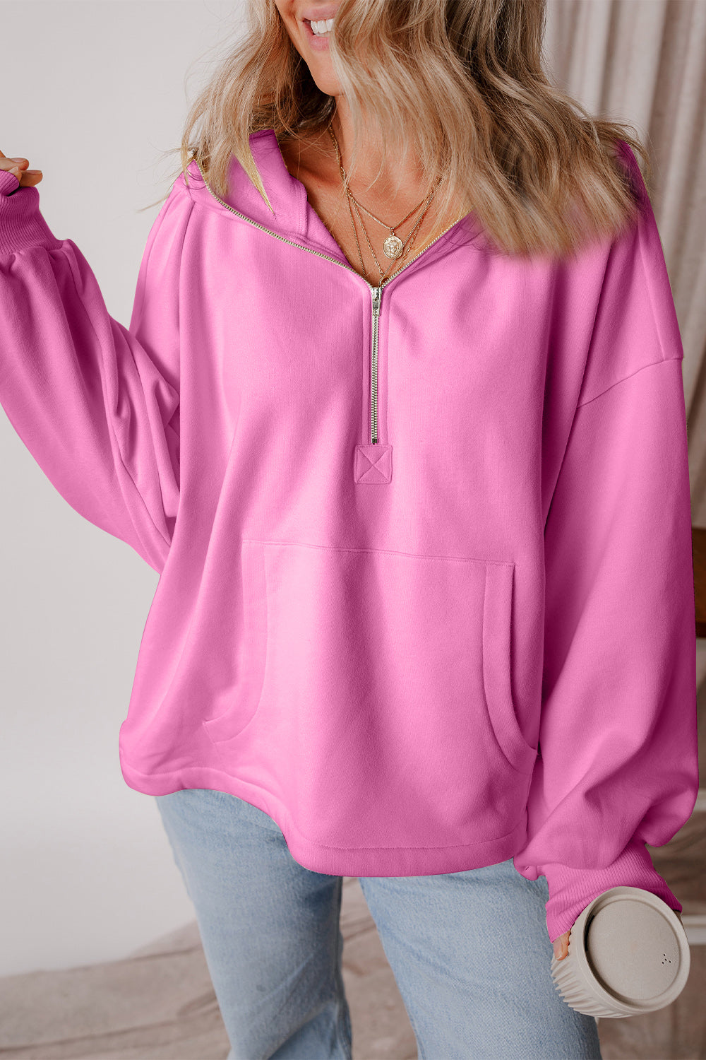 Pocketed Half Zip Dropped Shoulder Hoodie-HOODIES-[Adult]-[Female]-Pink-S-2022 Online Blue Zone Planet