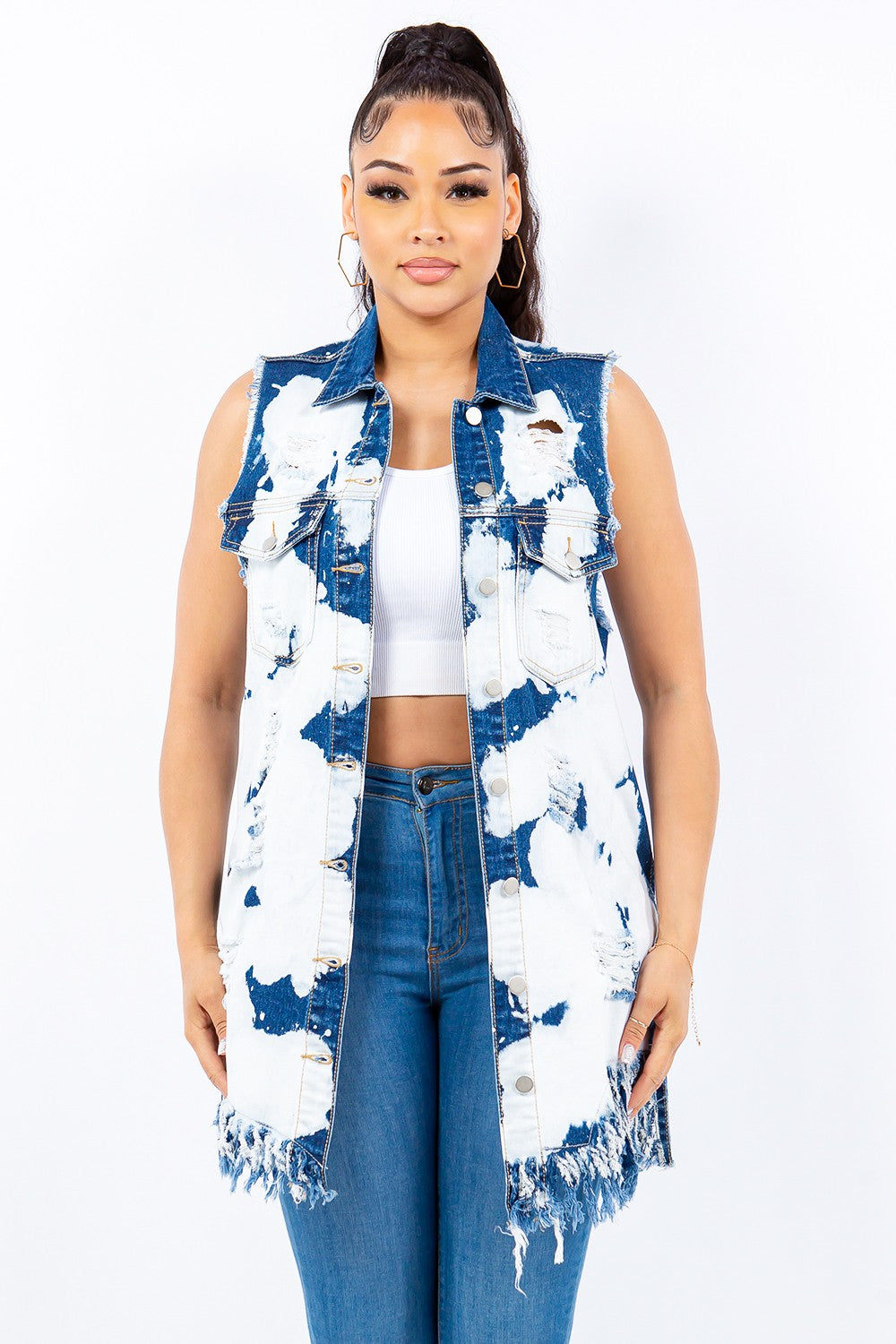 American Bazi Distressed Frayed Edge Longline Denim Vest-TOPS / DRESSES-[Adult]-[Female]-Ice Blue-S-2022 Online Blue Zone Planet