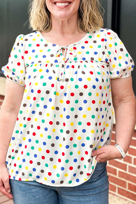 Apricot Plus Size Colorful Polka Dots Tie Neck Puff Sleeve Blouse-Plus Size/Plus Size Tops/Plus Size Blouses & Shirts-[Adult]-[Female]-Apricot-1X-2022 Online Blue Zone Planet