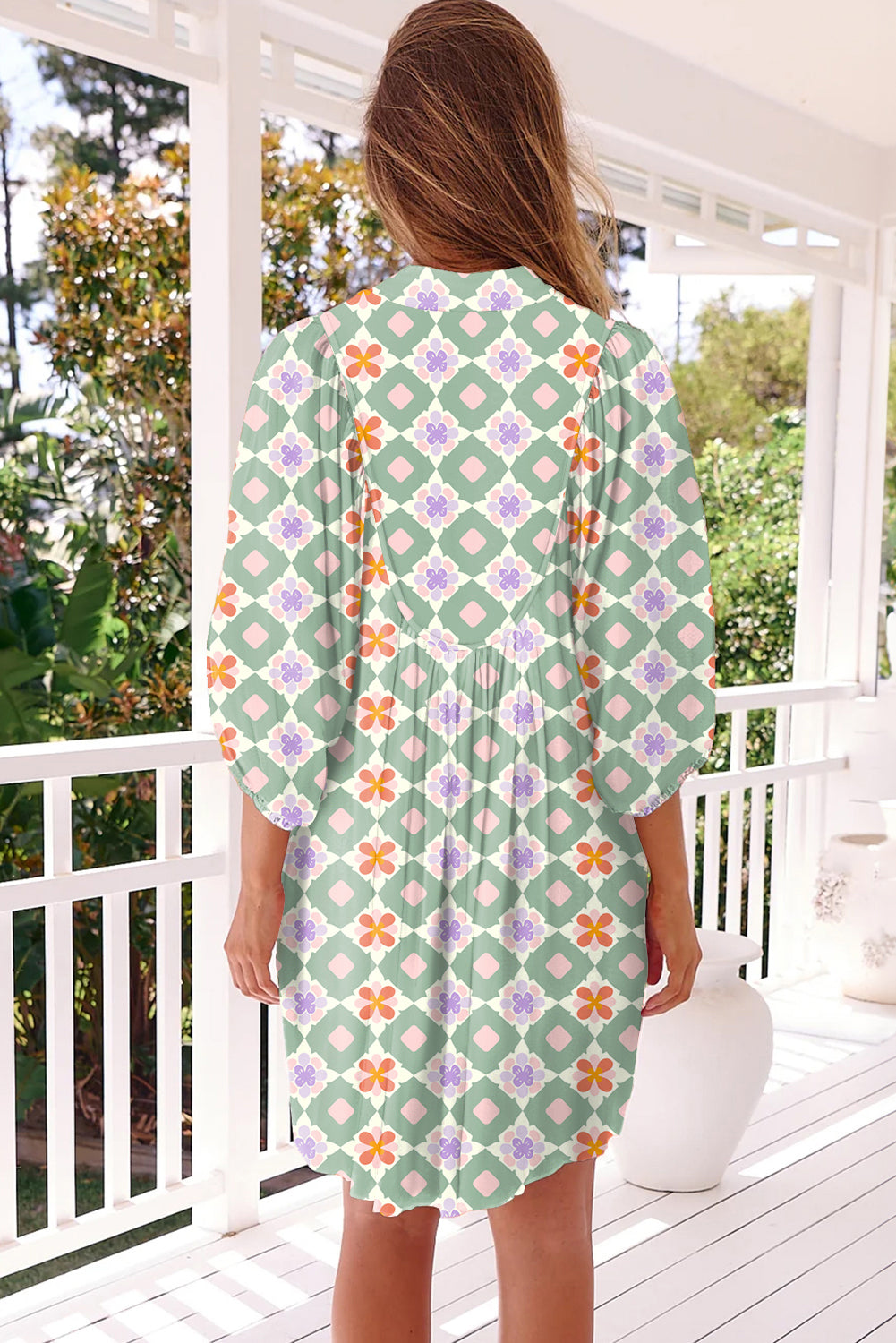 Green Geometric Floral Print 3/4 Sleeve Notched Neck Mini Dress-TOPS / DRESSES-[Adult]-[Female]-2022 Online Blue Zone Planet
