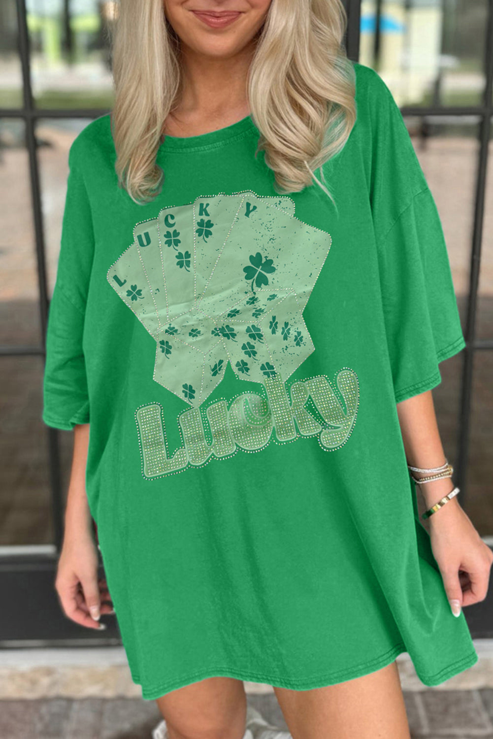 Bright Green Rhinestone Lucky Poker Cards Oversized T Shirt Mini Dress-TOPS / DRESSES-[Adult]-[Female]-2022 Online Blue Zone Planet