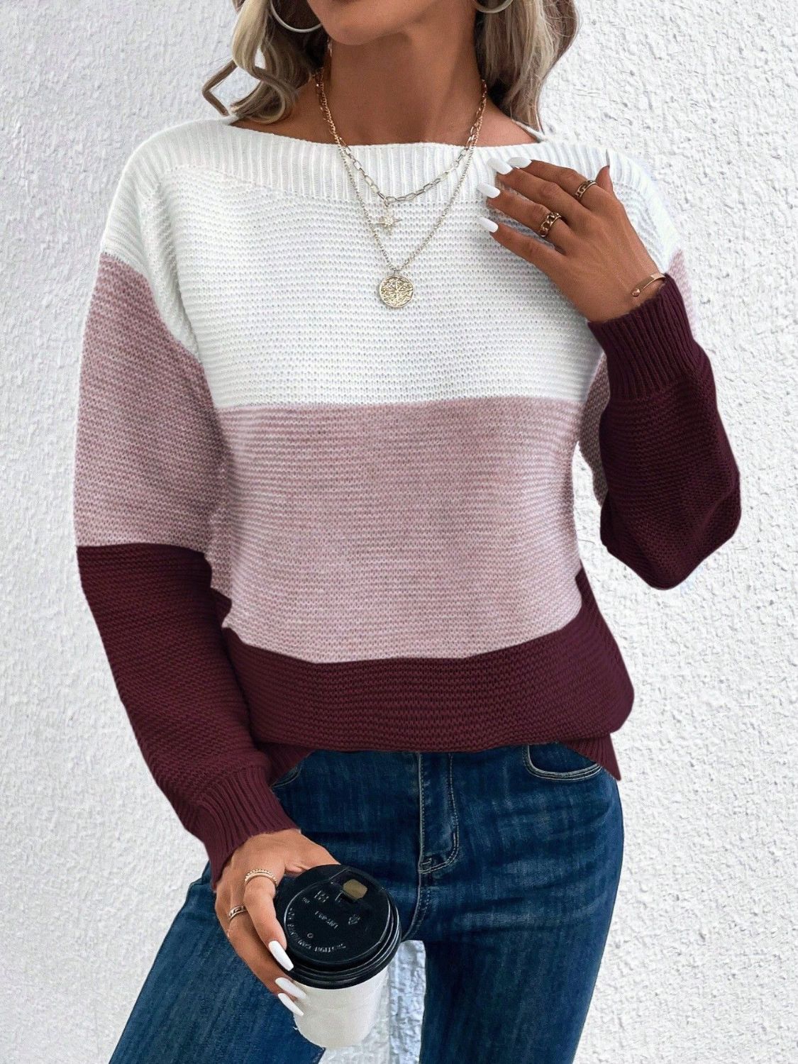 Blue Zone Planet | Color Block Boat Neck Sweater-TOPS / DRESSES-[Adult]-[Female]-Burgundy-One Size-2022 Online Blue Zone Planet