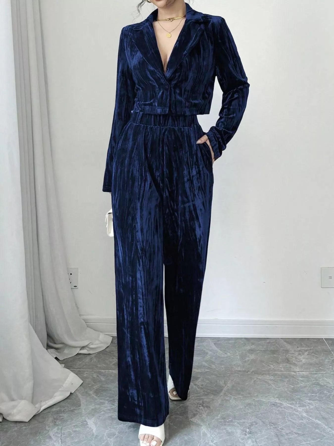 Pleated Velvet Blazer & Wide Leg Pants Set – Blue Zone Planet