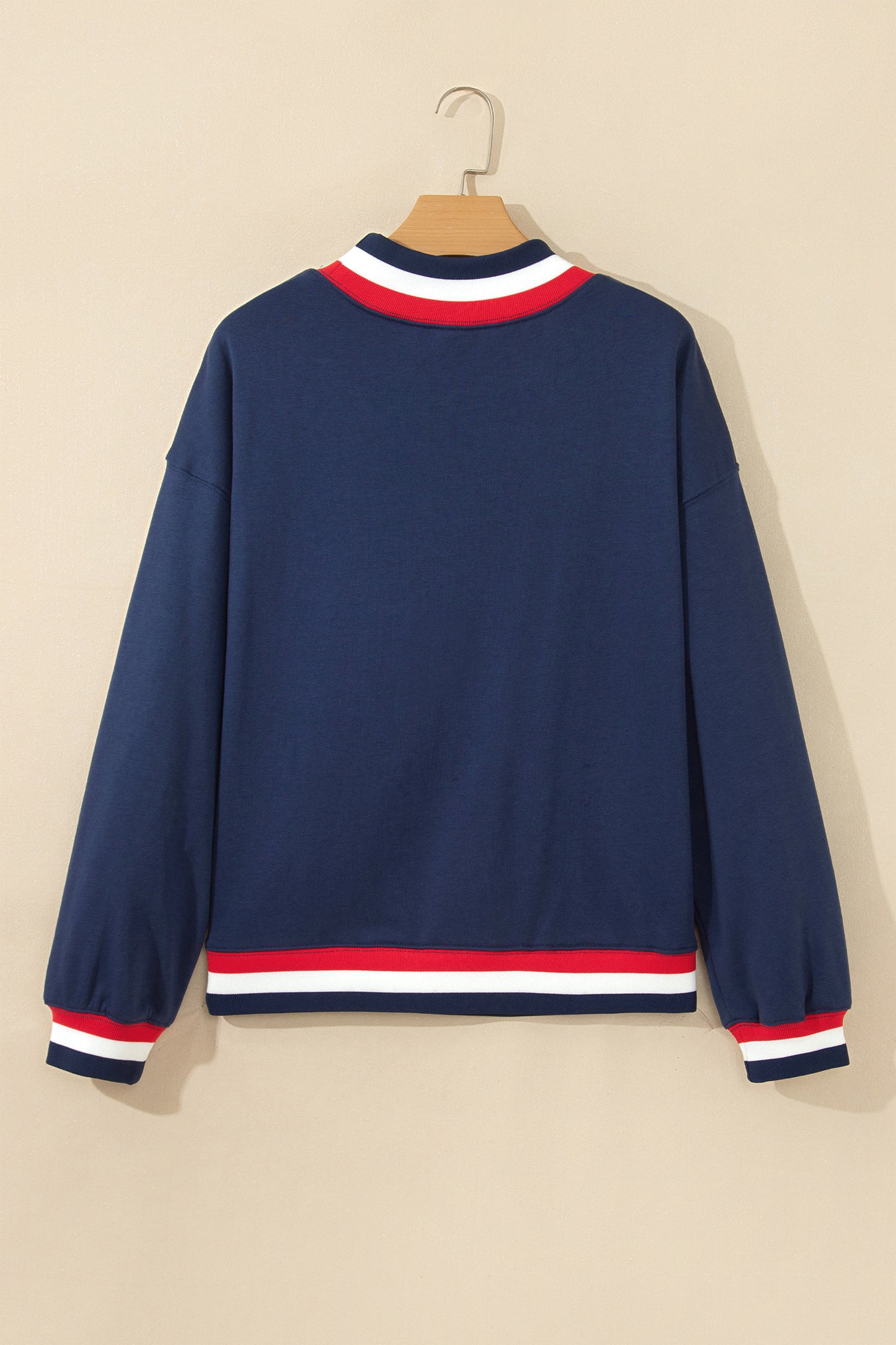 Dirty blue USA Slogan Patch Embroidery Colorblock High Neck Long Sleeve Sweatshirt-Tops/Sweatshirts & Hoodies-[Adult]-[Female]-2022 Online Blue Zone Planet