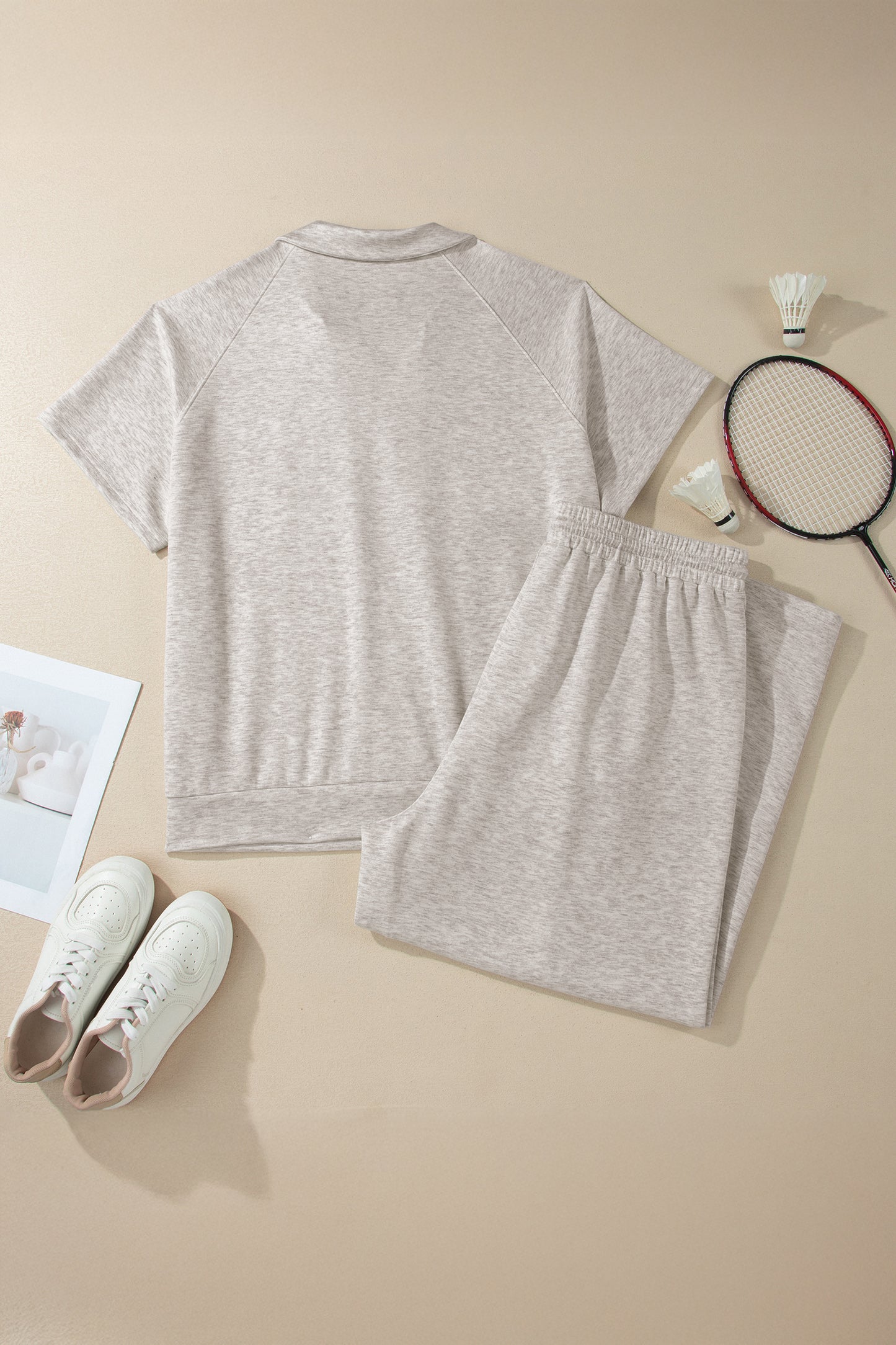 Light Grey Plus Size V Neck Polo Tee Drawstring Loose Pants 2pcs Set-Plus Size/Plus Size Loungewear-[Adult]-[Female]-2022 Online Blue Zone Planet