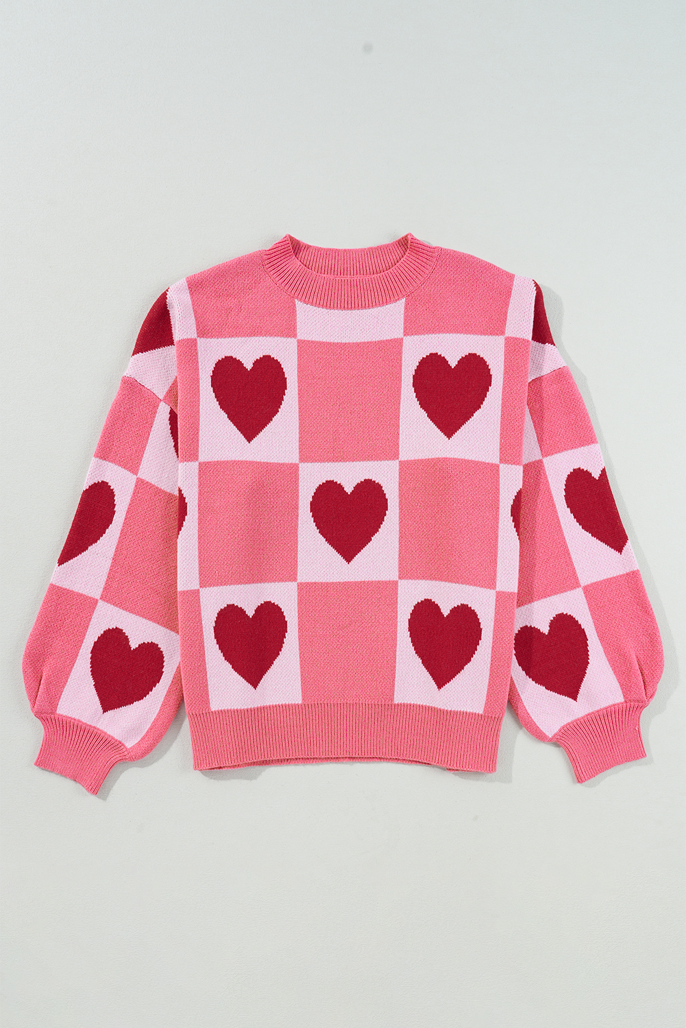 Blue Zone Planet | Pink Plus Size Heart Colorblock Mock Neck Lantern Sleeve Sweater-Plus Size Sweaters&Cardigans-[Adult]-[Female]-2022 Online Blue Zone Planet