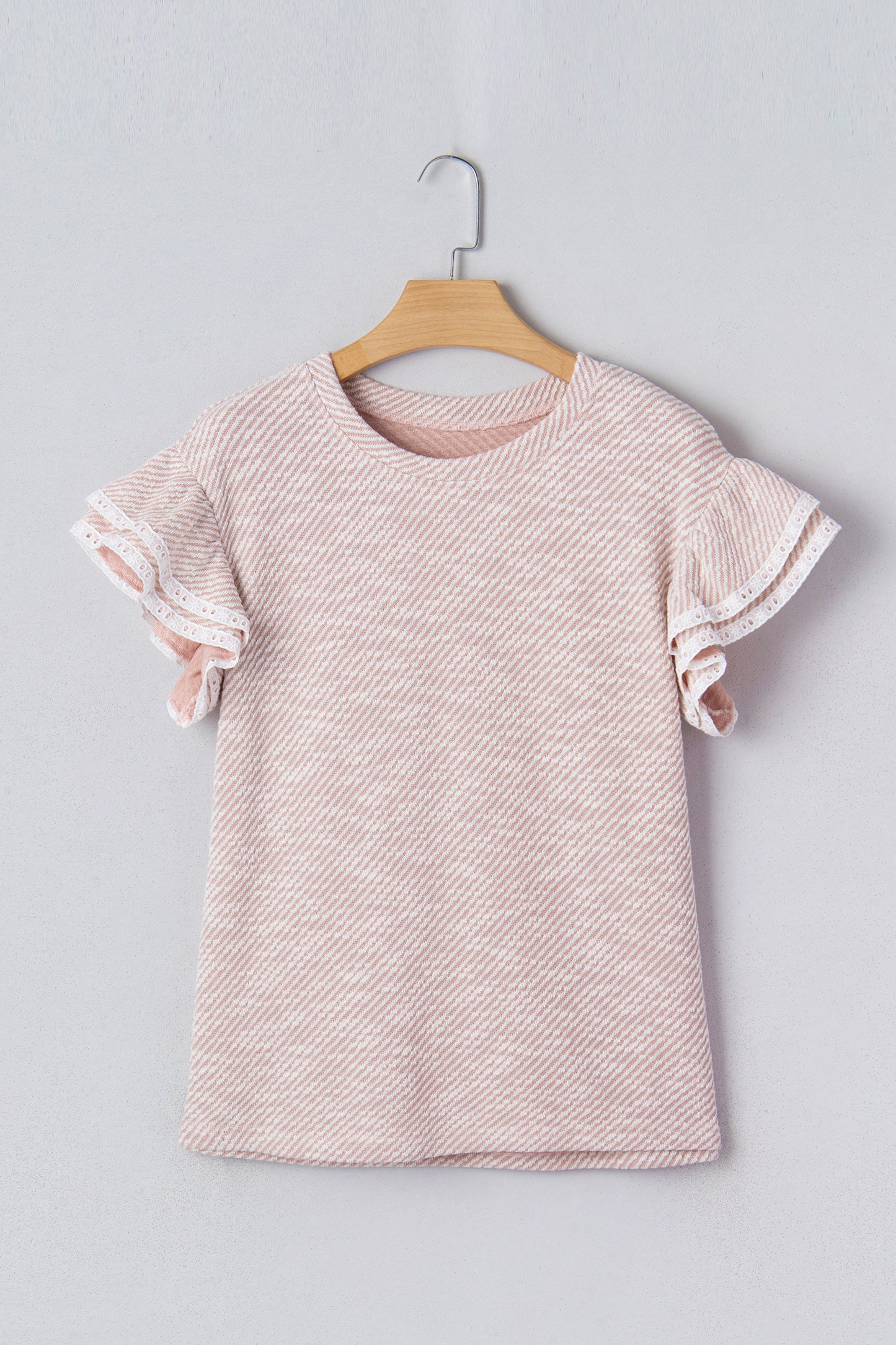 Light Pink Twilled Print Lace Trim Ruffled Short Sleeve Blouse-Tops/Blouses & Shirts-[Adult]-[Female]-2022 Online Blue Zone Planet