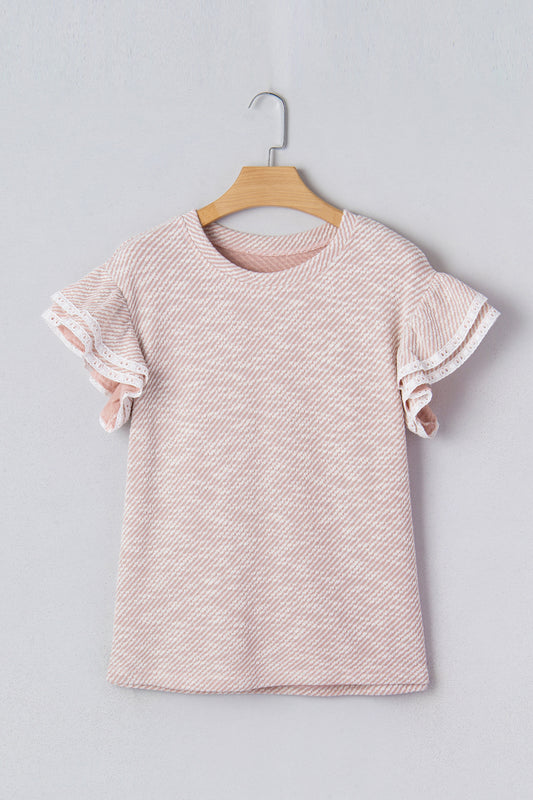 Light Pink Twilled Print Lace Trim Ruffled Short Sleeve Blouse-Tops/Blouses & Shirts-[Adult]-[Female]-2022 Online Blue Zone Planet