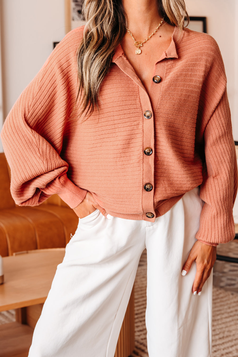 Apricot Pink Wide Rib Knit Button Front Dolman Sleeve Sweater Cardigan-TOPS / DRESSES-[Adult]-[Female]-2022 Online Blue Zone Planet