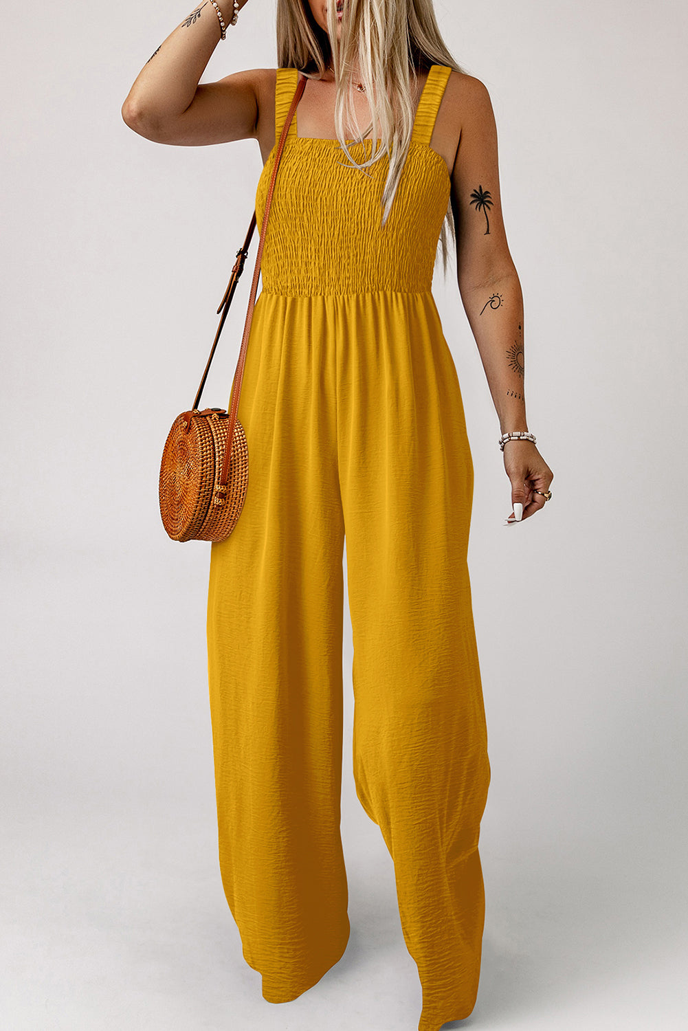 Ginger Smocked Sleeveless Wide Leg Jumpsuit with Pockets-Bottoms/Jumpsuits & Rompers-[Adult]-[Female]-2022 Online Blue Zone Planet