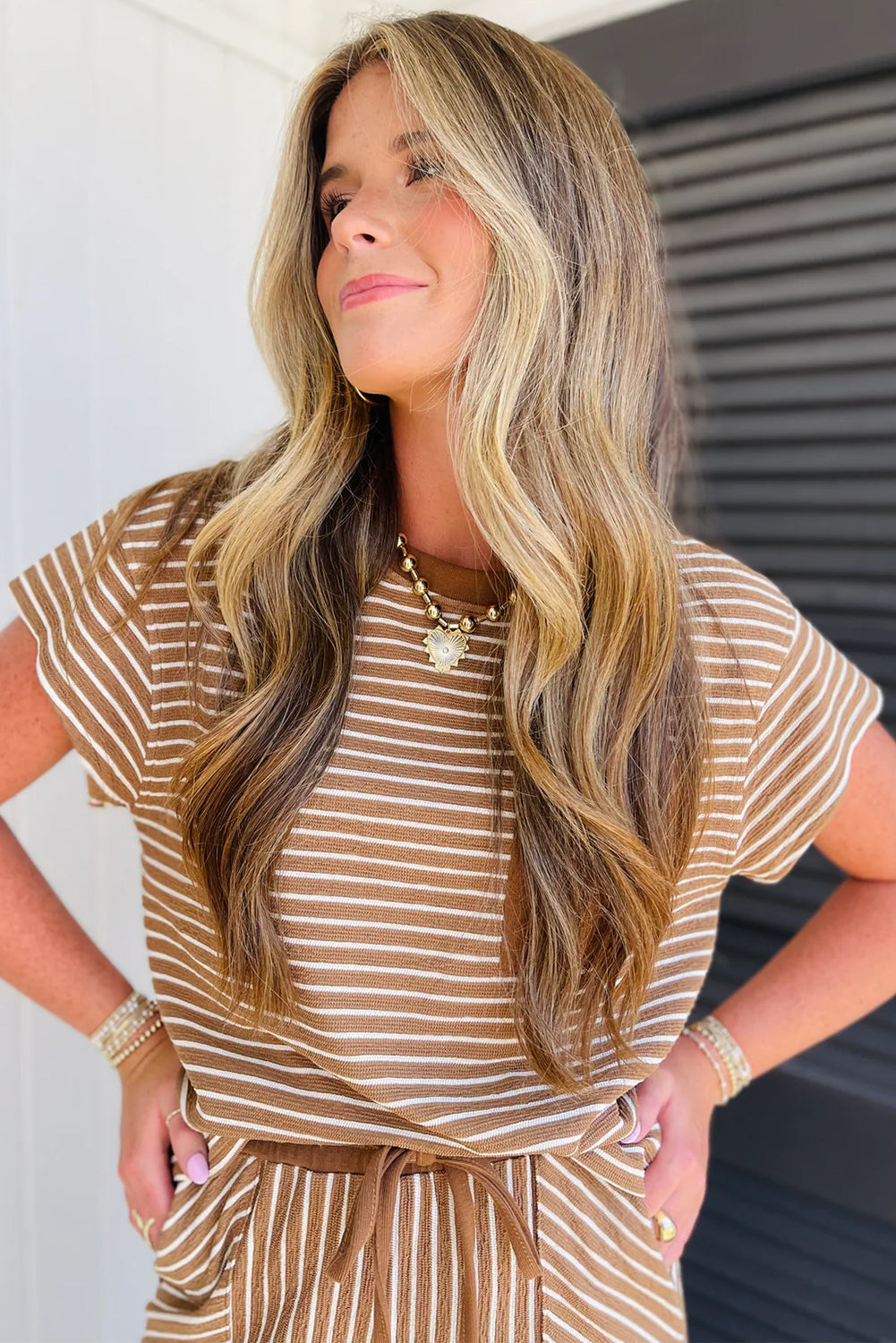 Khaki Stripe Crew Neck Tee Drawstring Waist Cropped Pants Set-Two Piece Sets/Pant Sets-[Adult]-[Female]-2022 Online Blue Zone Planet