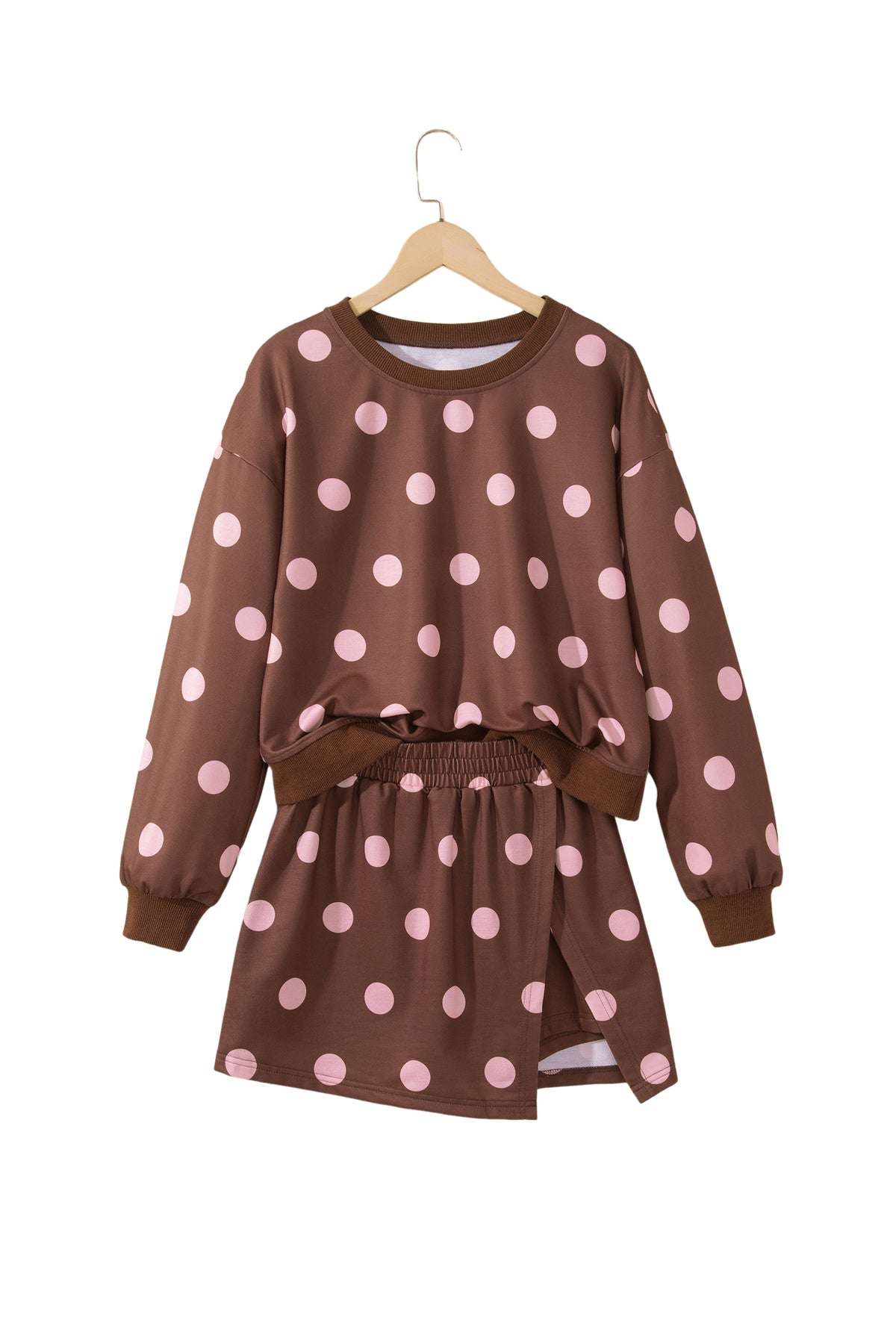 Brown Polka Dot Two Piece Set Long Sleeve Casual Skirt Set-Two Piece Sets/Two Piece Dresses-[Adult]-[Female]-2022 Online Blue Zone Planet