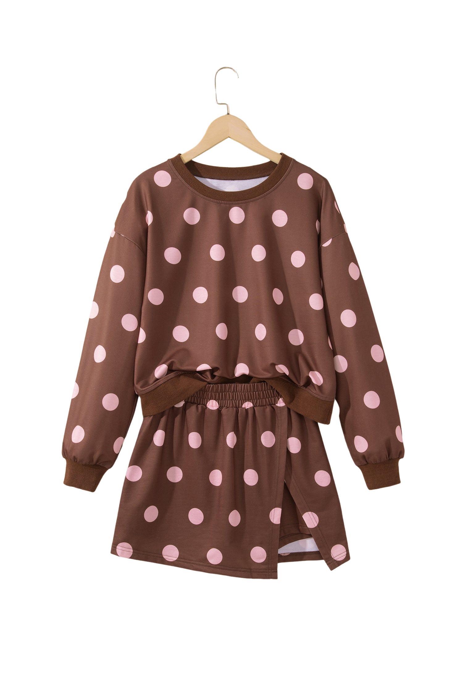 Brown Polka Dot Two Piece Set Long Sleeve Casual Skirt Set-Two Piece Sets/Two Piece Dresses-[Adult]-[Female]-2022 Online Blue Zone Planet